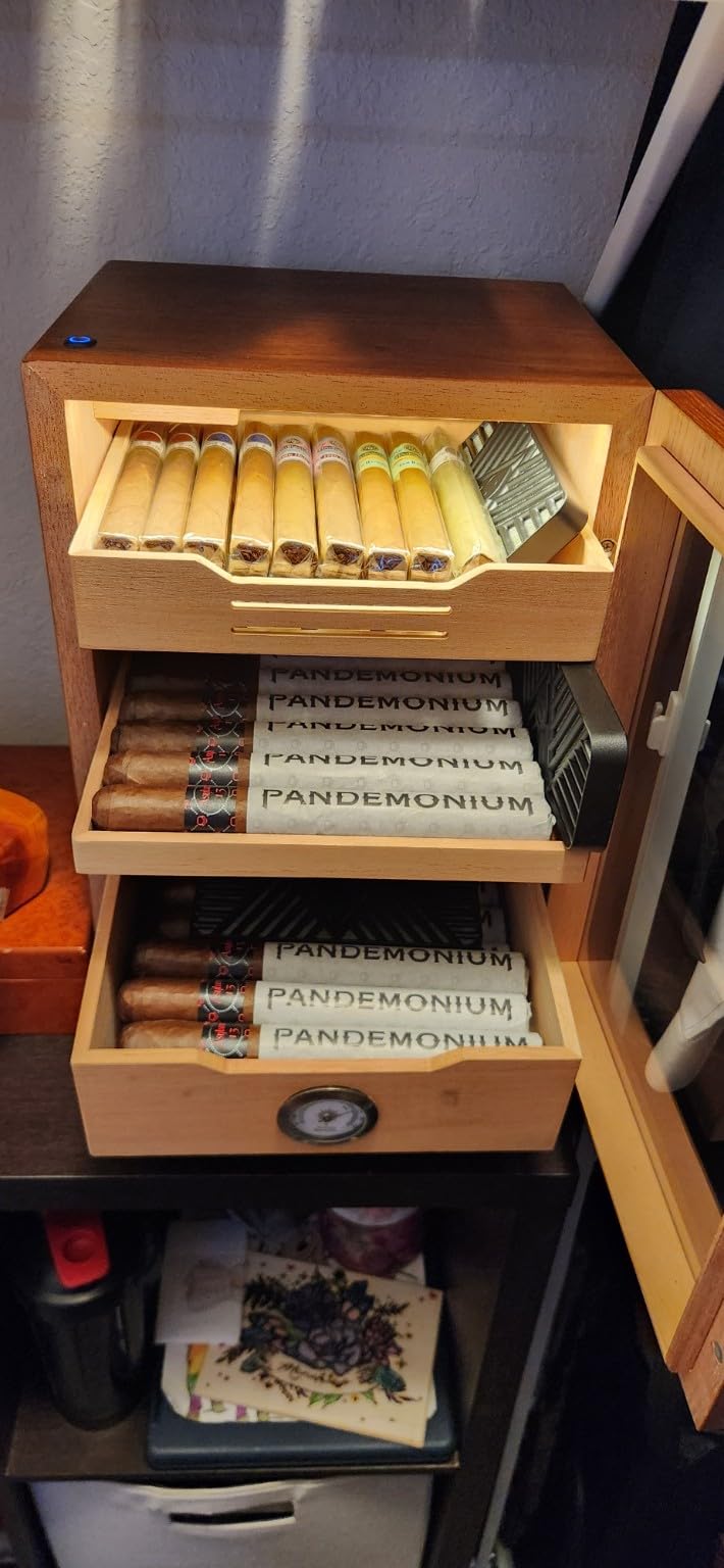 Cigar Humidor, Desktop Cigar Humidor Cabinet Light Control System with Spanish Cedar Wood Shelves, Hygrometer, 3 Humidifiers and Cigar Accessories Drawer, Father's Day Gift for Men (Black) customer photo 1