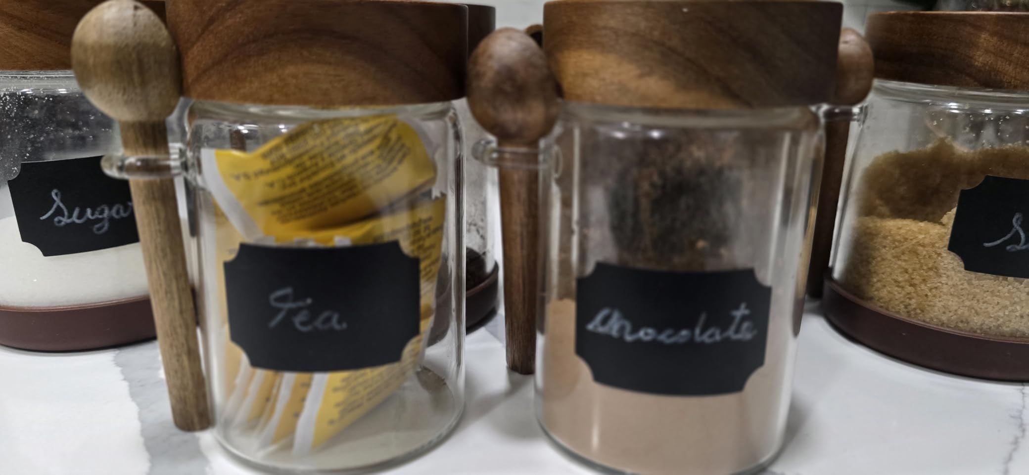 SAIOOL Loose Leaf Tea Storage Canister Set, 4 Pieces 16 OZ Glass Tea Containers with Wooden Lids and Spoons customer photo 2
