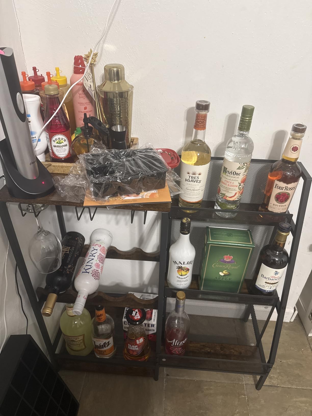 3-Tier Liquor Stand for Home Bar, Stepped Wine Rack Freestanding Floor for Liquor Whiskey Wine, Versatile Corner Wine Bottle Display Stand with Fences, Vintage Brown, Safe Height for Kids & Pets customer photo 1