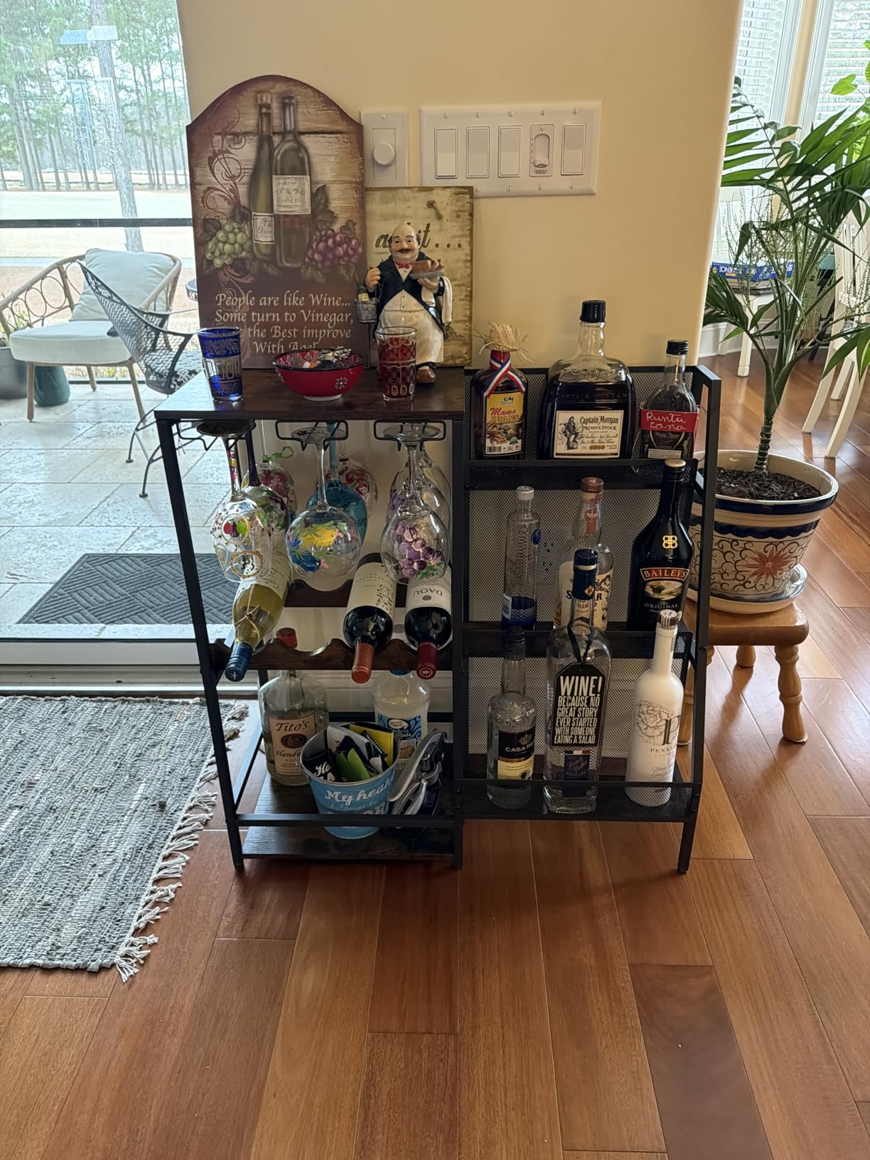 3-Tier Liquor Stand for Home Bar, Stepped Wine Rack Freestanding Floor for Liquor Whiskey Wine, Versatile Corner Wine Bottle Display Stand with Fences, Vintage Brown, Safe Height for Kids & Pets customer photo 2