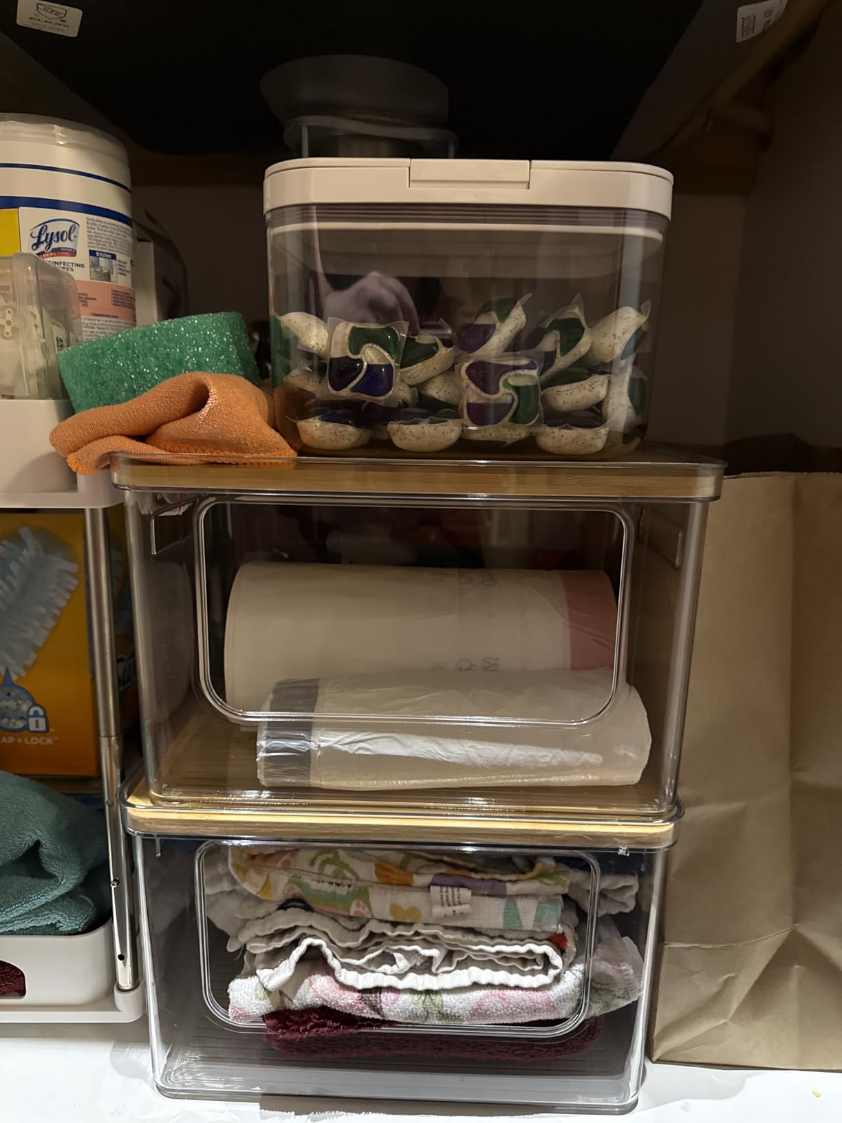 Hudgan Stackable Storage with Bamboo Top for Laundry Room Organization, Extra Large Trash Bag/Garbage Bag Dispenser, Under Sink Organizer, Pantry Organizers customer photo 2