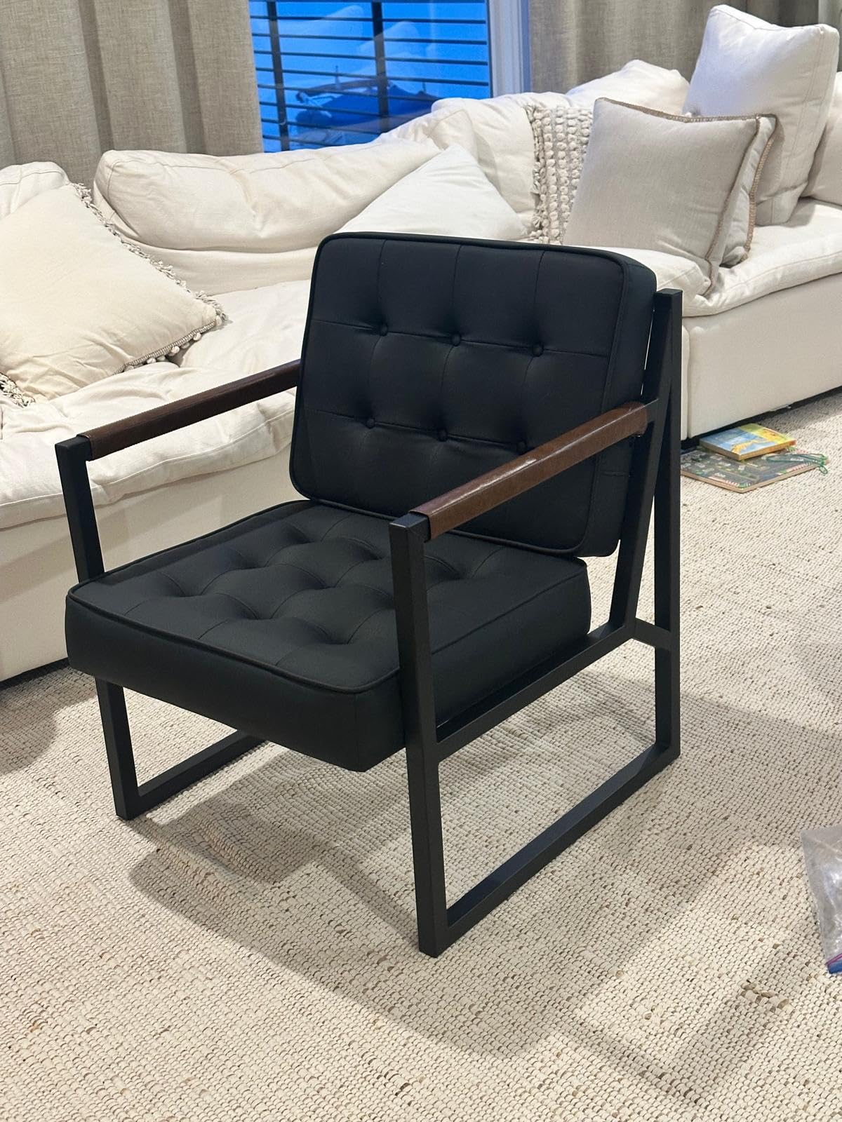 COLAMY Mid Century Modern Accent Chair Set of 2, Comfy Living Room Chair, Black Leather Accent Chair, Faux Leather Reception Armchair with Metal Legs for Living Room Bedroom Reception Office, Black customer photo 2