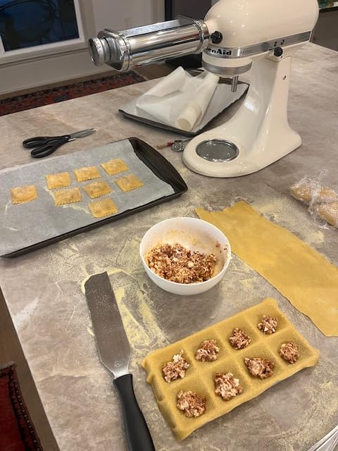 Ravioli Maker Press, Ravioli Press Mold Set - Squares Ravioli Stamp Maker Cutter with Wood Rolling Pin and Ravioli Wheel, Ravioli Stamp Pasta Making Tools | Makes 8 Ravioli, 1.85