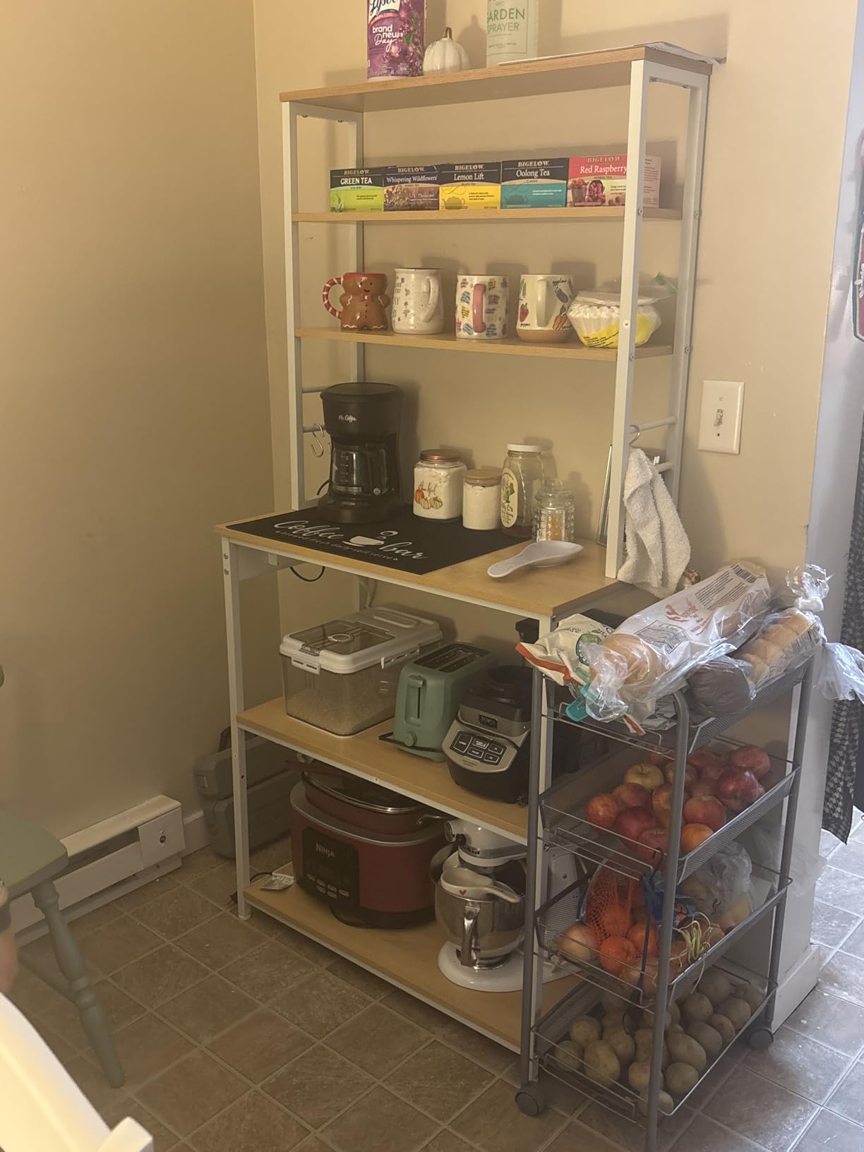 VASAGLE Bakers Rack with Power Outlet, 31.5 Inches Coffee Bar for Kitchen with Storage, 6-Tier Kitchen Shelves with 6 Hooks, Microwave Stand, Industrial, Rustic Brown and Ink Black UKKS119K01 customer photo 1