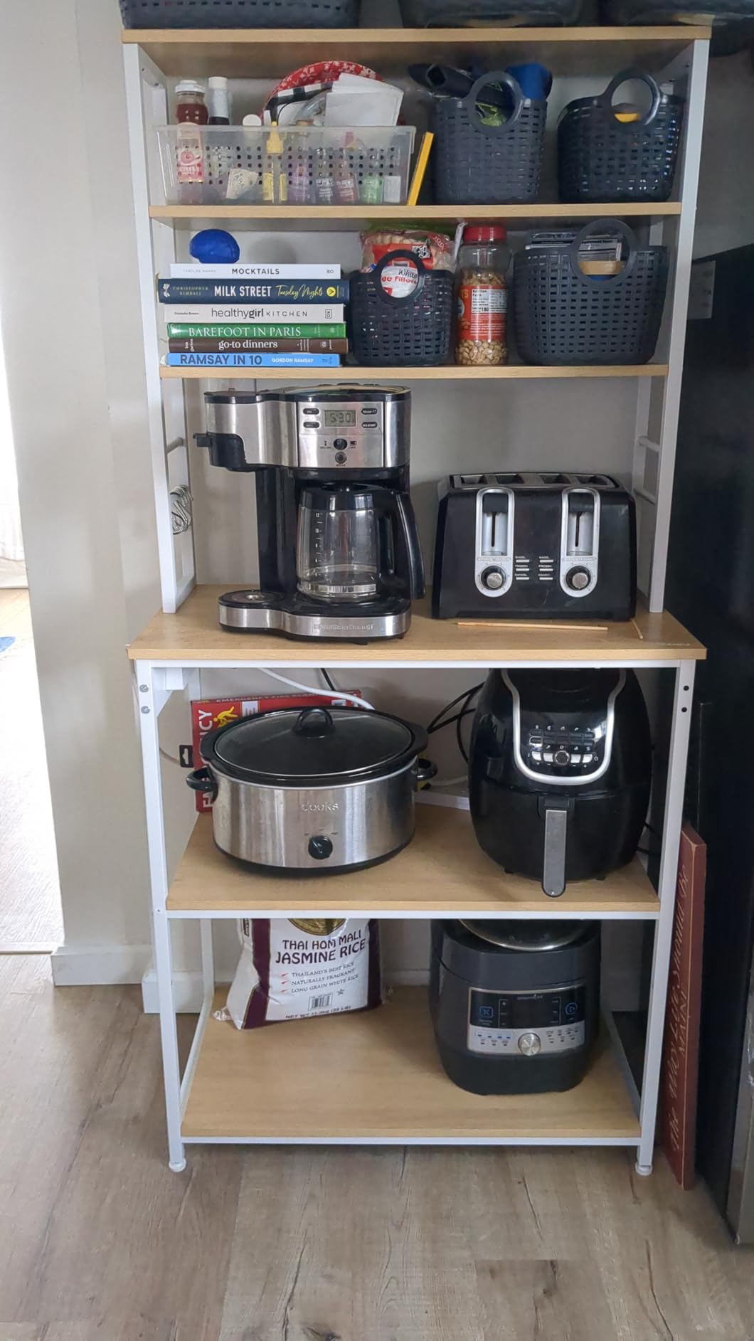 VASAGLE Bakers Rack with Power Outlet, 31.5 Inches Coffee Bar for Kitchen with Storage, 6-Tier Kitchen Shelves with 6 Hooks, Microwave Stand, Industrial, Rustic Brown and Ink Black UKKS119K01 customer photo 2