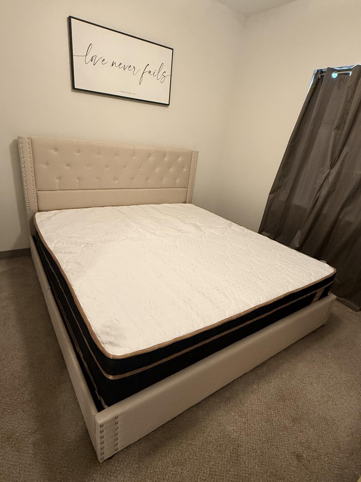 LARMACE King Size Bed Frame with 4 Storage Drawers and Tufted Headboard Linen Upholstered Platform Bed Frame with Heavy Duty Wood Slats, No Box Spring Needed, Easy Assembly, Beige customer photo 1