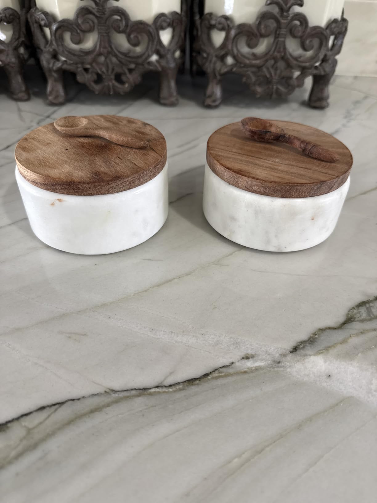 White Marble Salt Cellar with Acacia Wood Lid and Spoon - Elegant Modern Handcrafted Container for Countertop - Keeps Spices Dry - Wide 4