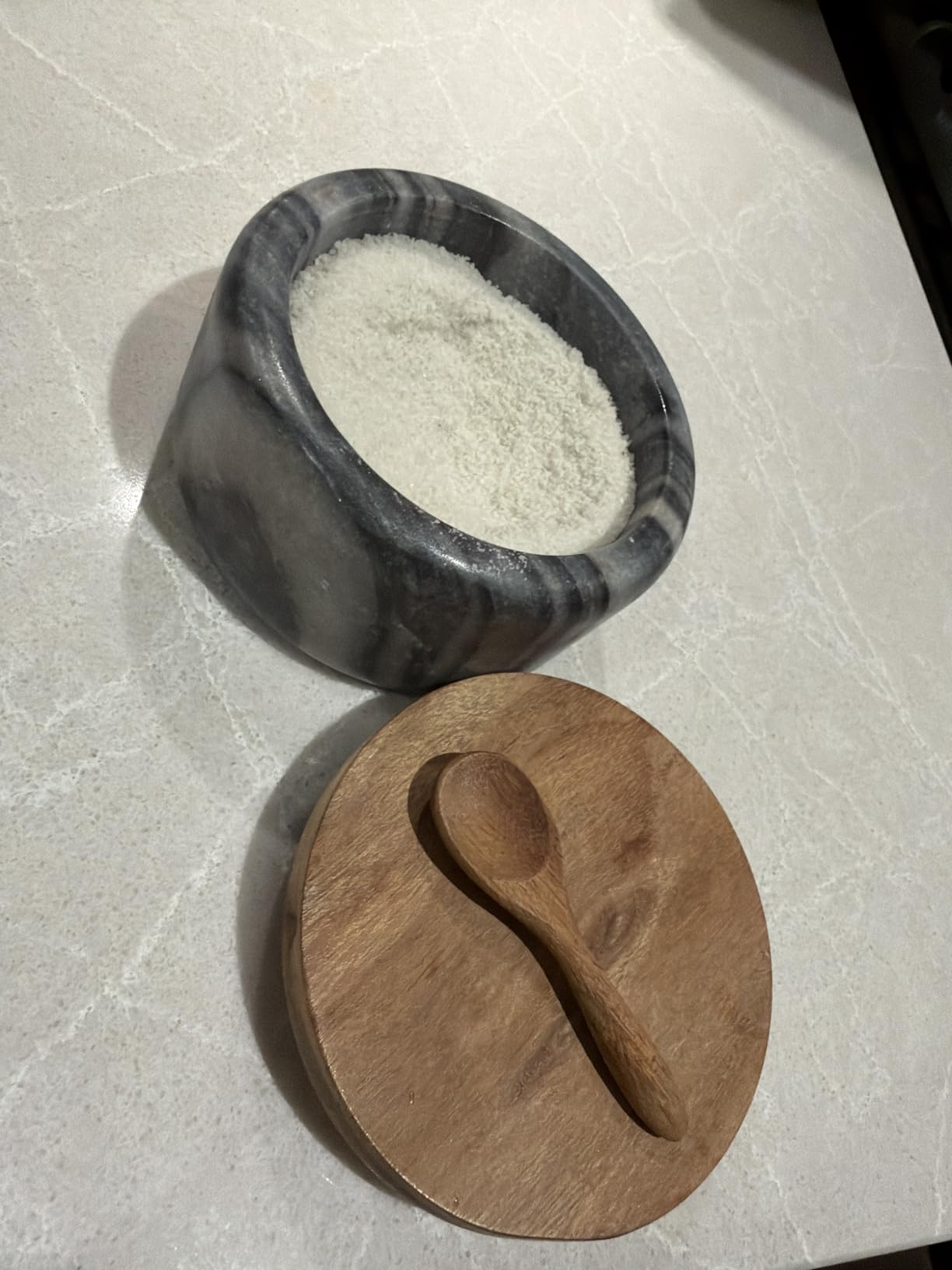 White Marble Salt Cellar with Acacia Wood Lid and Spoon - Elegant Modern Handcrafted Container for Countertop - Keeps Spices Dry - Wide 4