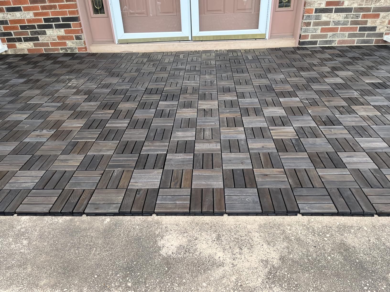 10 Pcs Premium Deck Tiles, Patio Flooring - Outdoor Waterproof Acacia Wood Tiles for All Weather Use - Balcony, Backyard, Indoor & Outdoor (Black Crossed Pattern, 10 Square Ft) customer photo 1