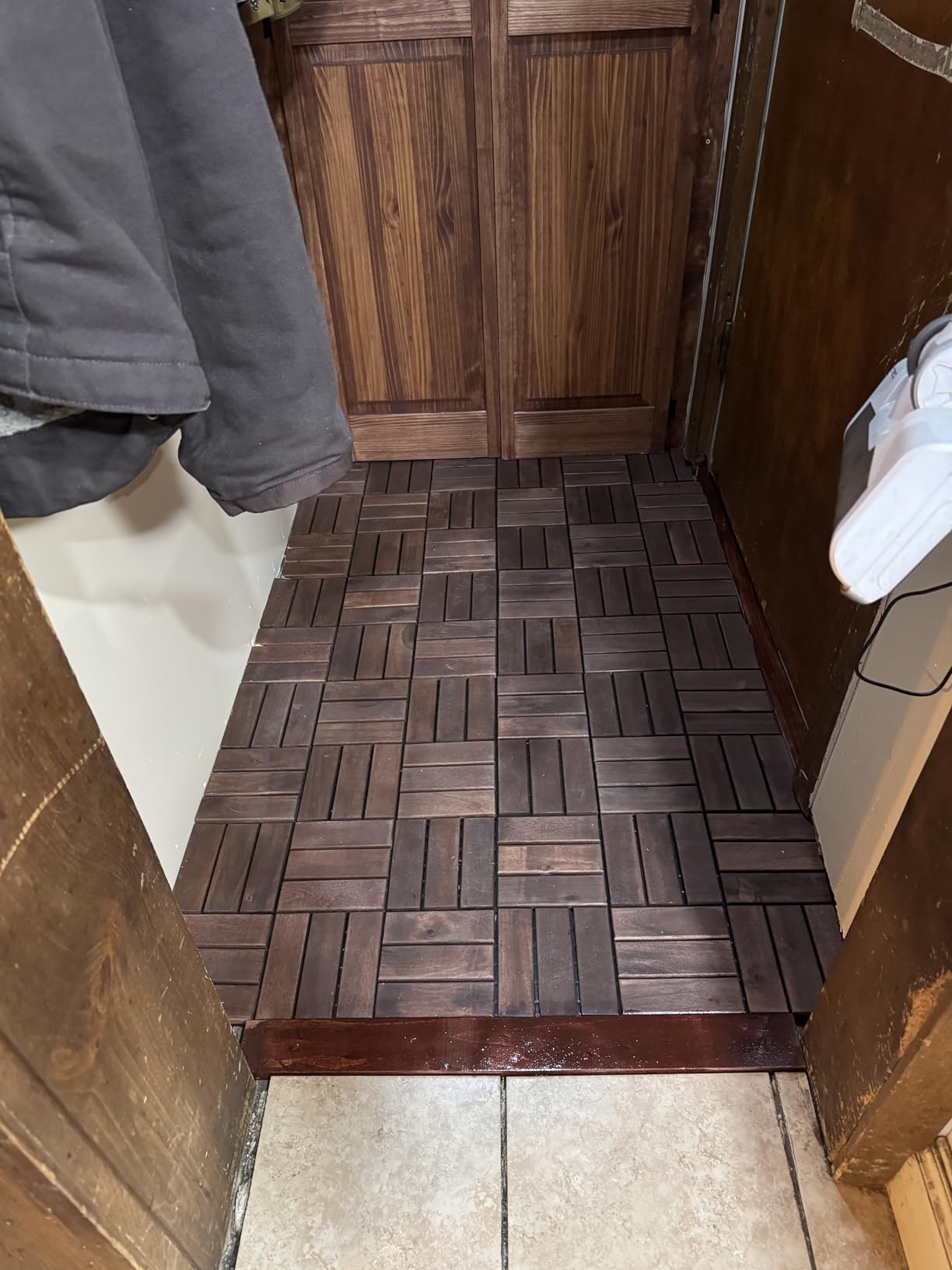 10 Pcs Premium Deck Tiles, Patio Flooring - Outdoor Waterproof Acacia Wood Tiles for All Weather Use - Balcony, Backyard, Indoor & Outdoor (Black Crossed Pattern, 10 Square Ft) customer photo 2