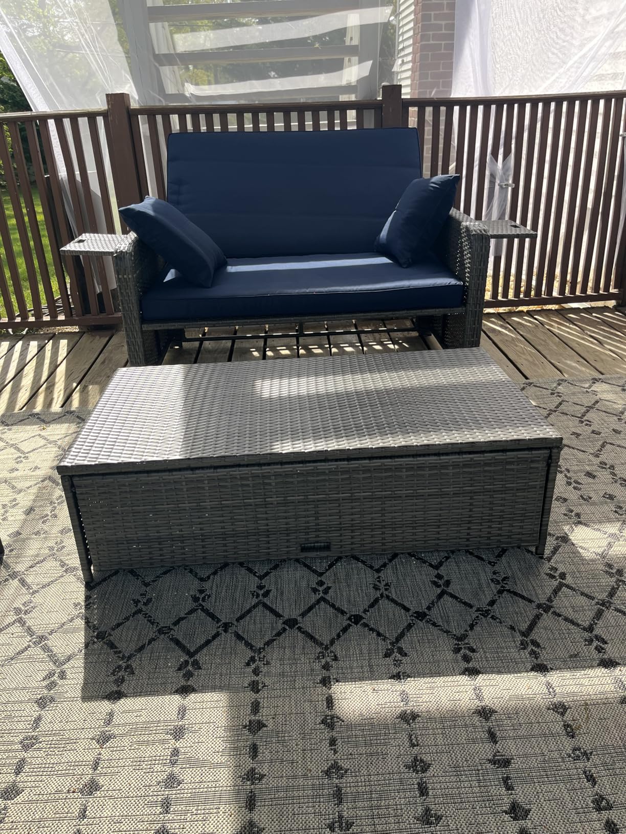 RELAX4LIFE Wicker Patio Outdoor Daybed - Rattan Day Bed Lounger with Loveseat & Storage Ottoman, Sunbed Sofa Set w/Cushions, 4-Level Adjustable Backrest & 2 Retractable Trays, Patio Daybed (Beige) customer photo 2