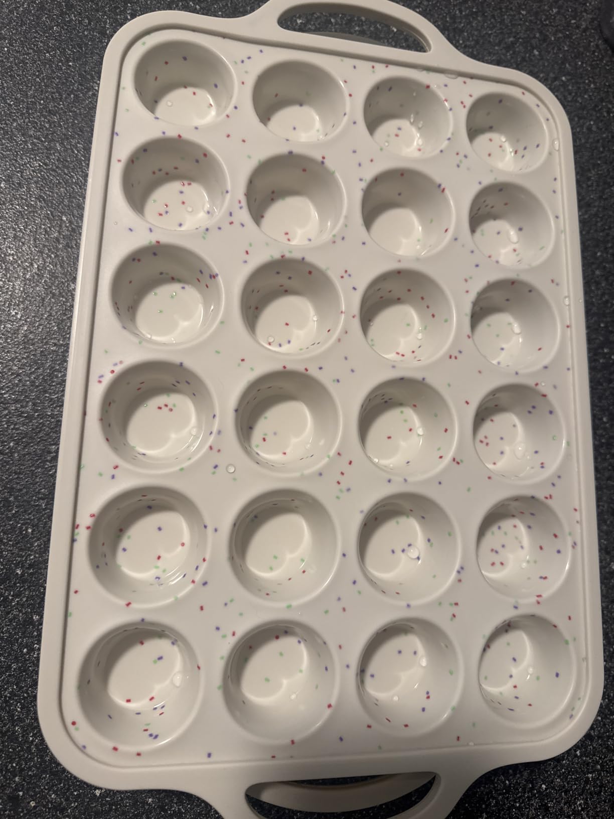 Silicone Mini Muffin Pan With Metal Reinforced Frame - 24 Cups Durable Silicone Cupcake Pan for Muffin, Cupcakes, BPA Free and Dishwasher Safe - 1 Piece Beige with Rainbow Spots customer photo 2