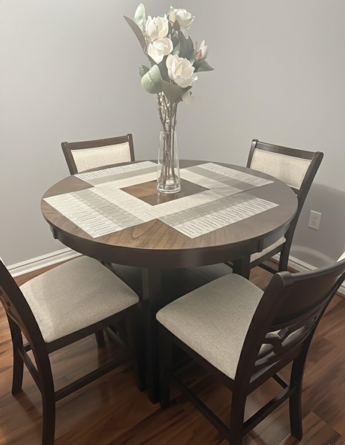 Signature Design by Ashley Langwest Transitional Diamond Patterned Counter Height Dining Table and 4 Upholstered Bar Stools, Set of 5, Dark Brown & Beige customer photo 1