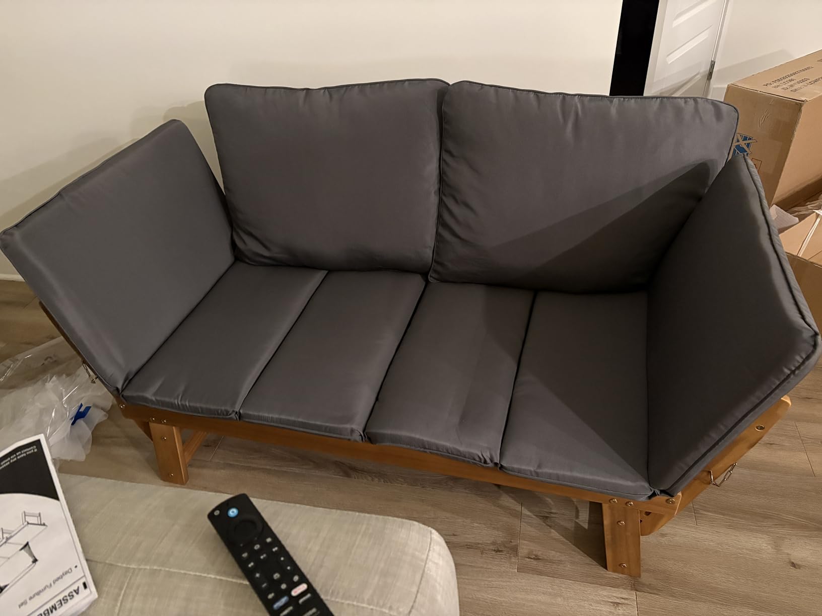 Devoko Outdoor Couch Acacia Wood Patio Couch with Adjustable Armrests, Outdoor Convertible Sofa with Removable Cushions & Pillows for Patio, Porch, Poolside(Grey) customer photo 2