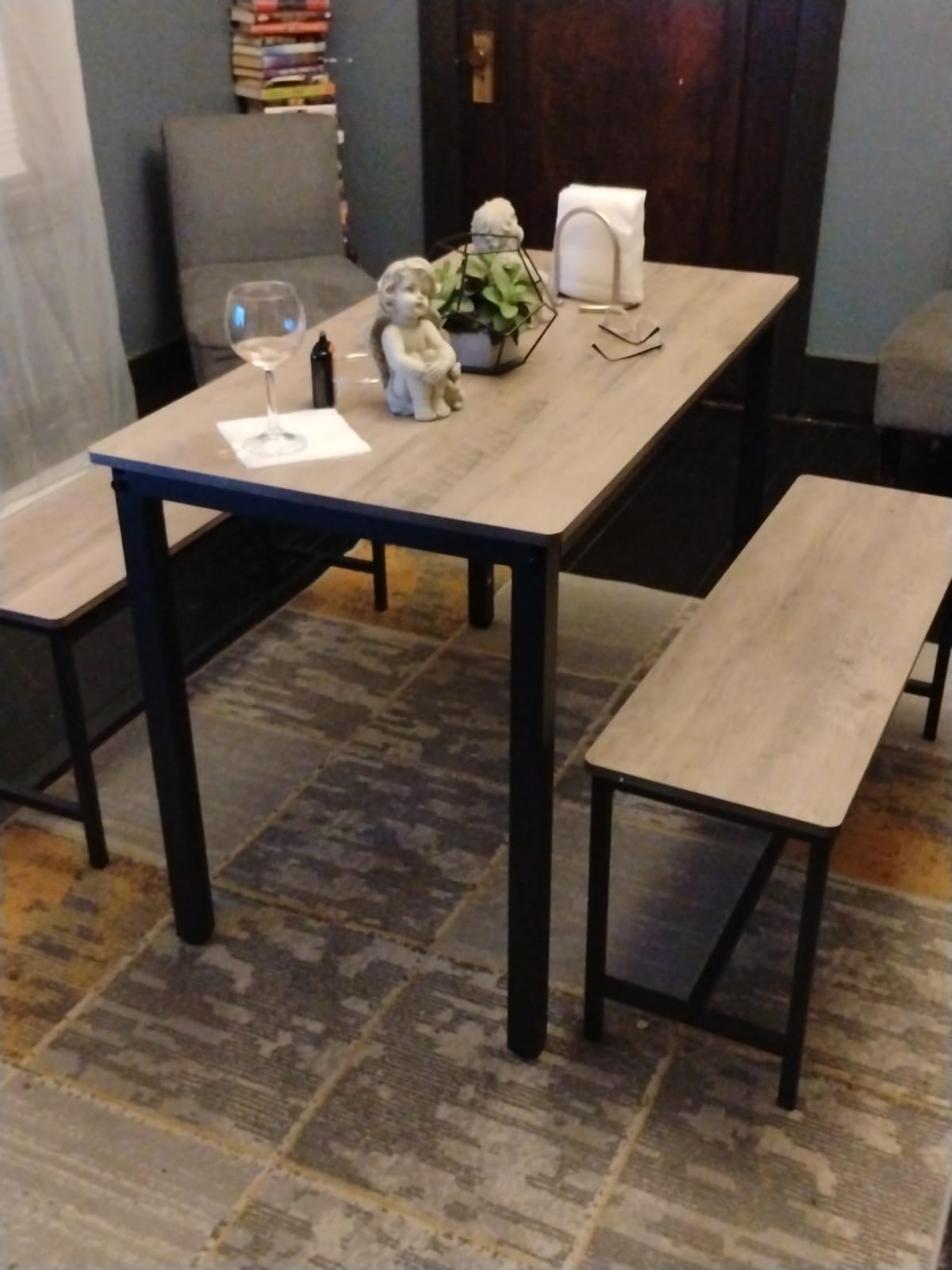 Sturdy Durable Dining Table Set for 4 with Bench, Easy to Assemble Kitchen Table with Bench, Space-Saving Ideal 4-Person Set for Daily Meals, brunches, or workspace,Grey customer photo 1