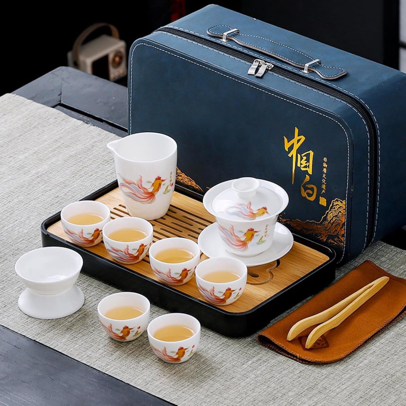 Chinese Tea Set Traditional, Chinese Gongfu Tea Set for Adults, Gaiwan Tea Set with 6 Cups (Pure white 6cups) customer photo 2
