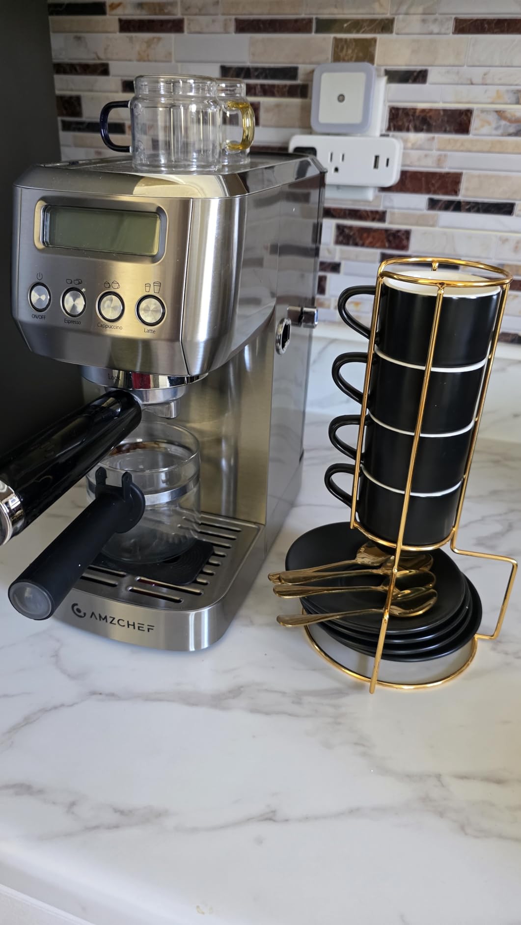 Lareina 3-Ounce Espresso Cups with Saucers, Spoons and Metal Stand, Small Stackable Coffee Cups Set of 4, Ceramic Demitasse Mugs, White customer photo 1