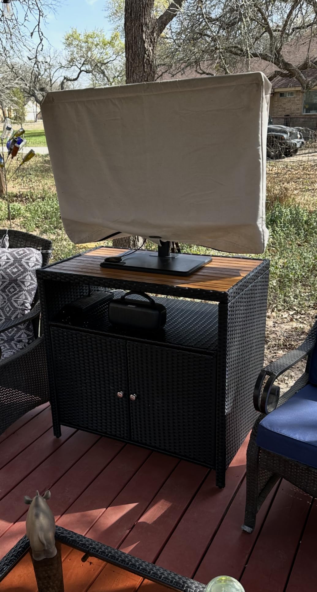 Tangkula Rattan Outdoor Storage Cabinet, Patiojoy Outdoor Cabinet with Acacia Wood Countertop, Open Compartment, 2-Door Wicker Sideboard, Outdoor Bar for Patio Garden Backyard Poolside (Black) customer photo 2