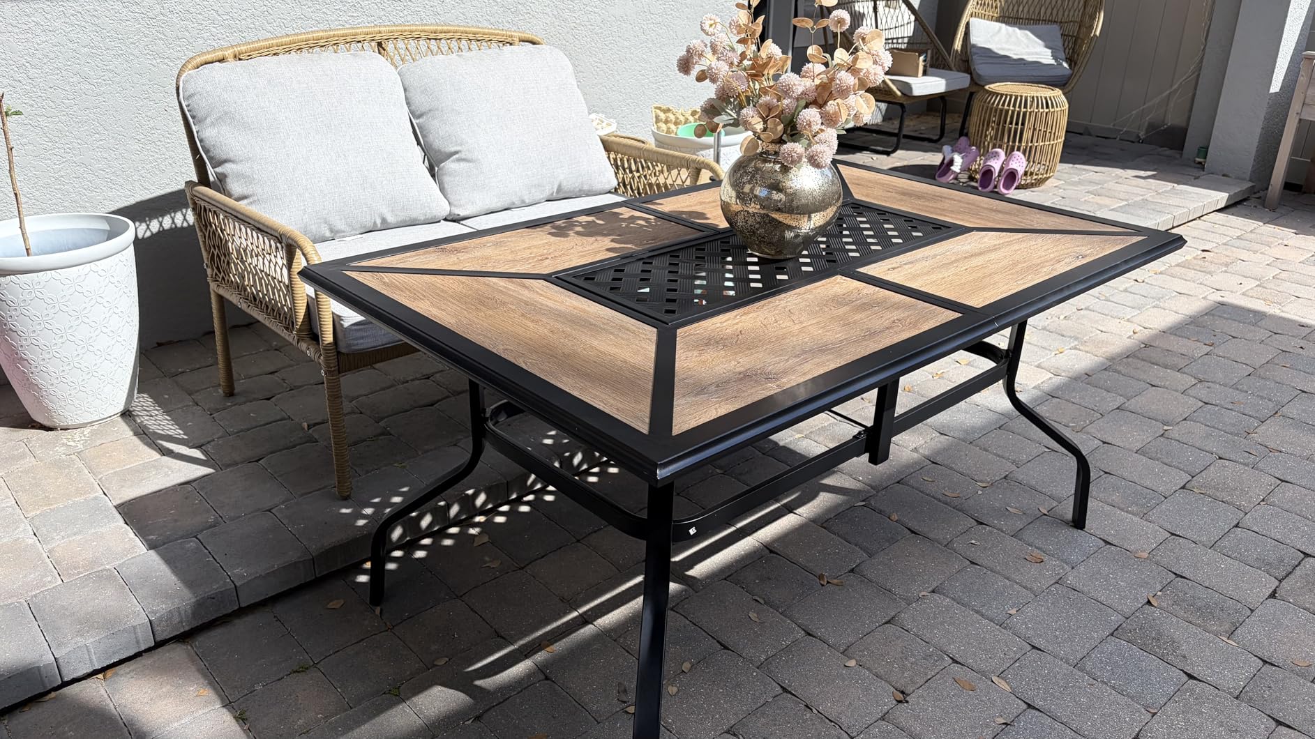 MFSTUDIO Outdoor Patio Dining Table for 6, Rectangular Patio Furniture Table with Metal Frame and Immitation Top, Adjustable Umbrella Hole customer photo 1