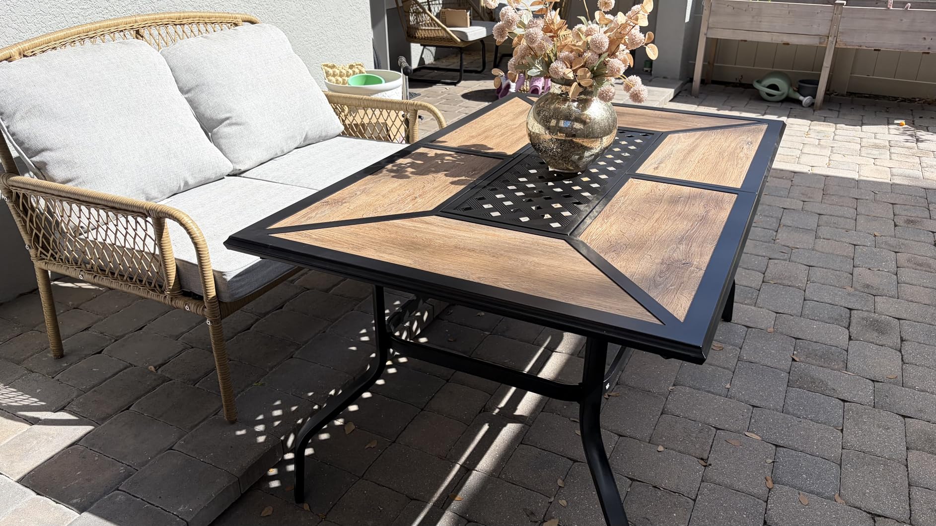 MFSTUDIO Outdoor Patio Dining Table for 6, Rectangular Patio Furniture Table with Metal Frame and Immitation Top, Adjustable Umbrella Hole customer photo 2