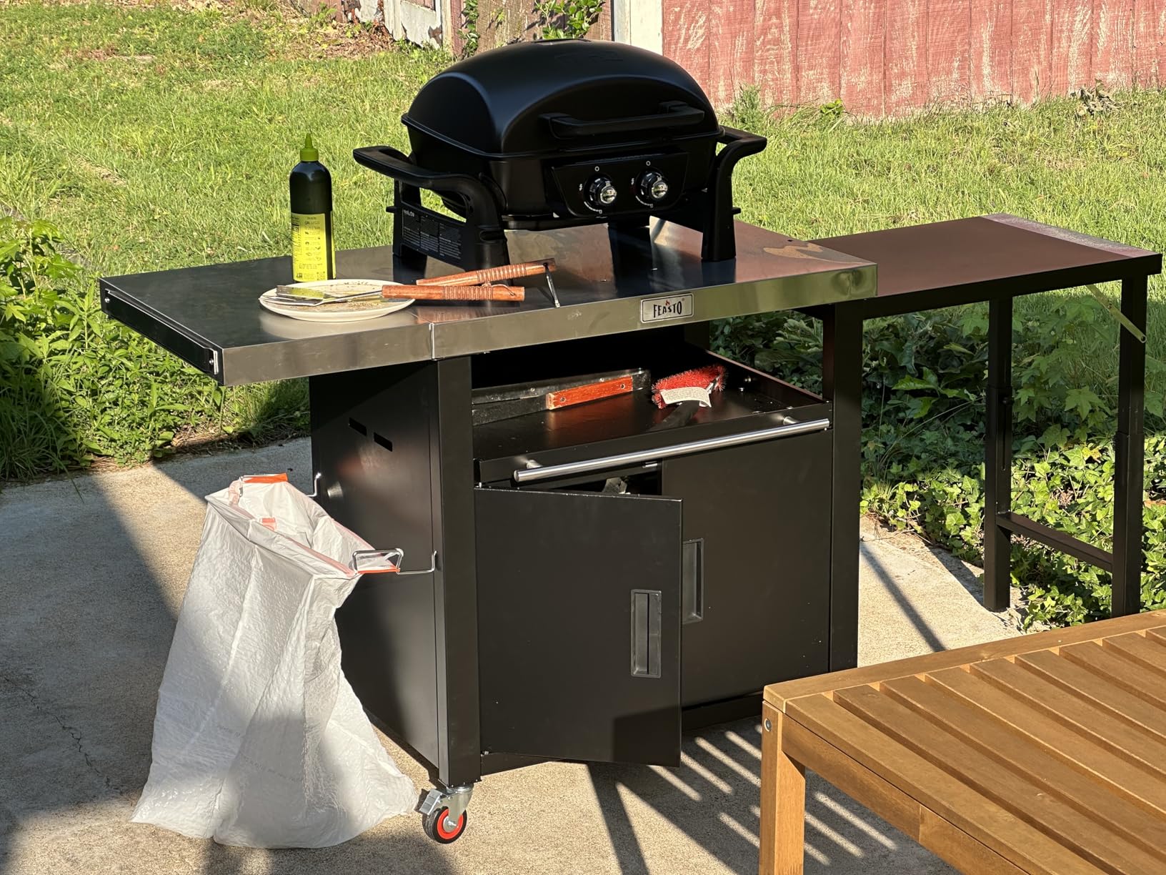 Outdoor Kitchen Island with Cabinet, Outdoor Grill Table with Stainless Steel Top for Pizza Oven& Griddles, Movable Bar Cart with Pull-Out Plate for Parties& Gathering, Heavy-Duty, L74