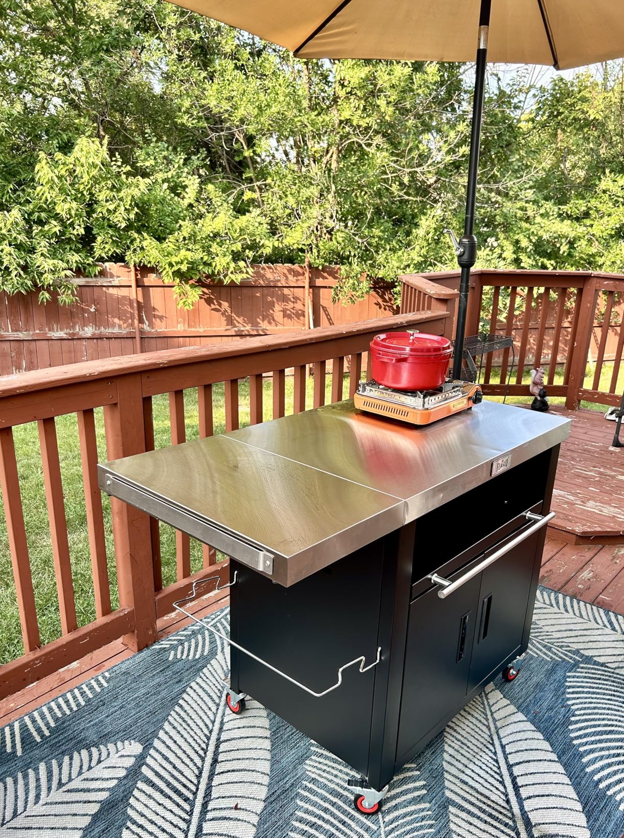 Outdoor Kitchen Island with Cabinet, Outdoor Grill Table with Stainless Steel Top for Pizza Oven& Griddles, Movable Bar Cart with Pull-Out Plate for Parties& Gathering, Heavy-Duty, L74