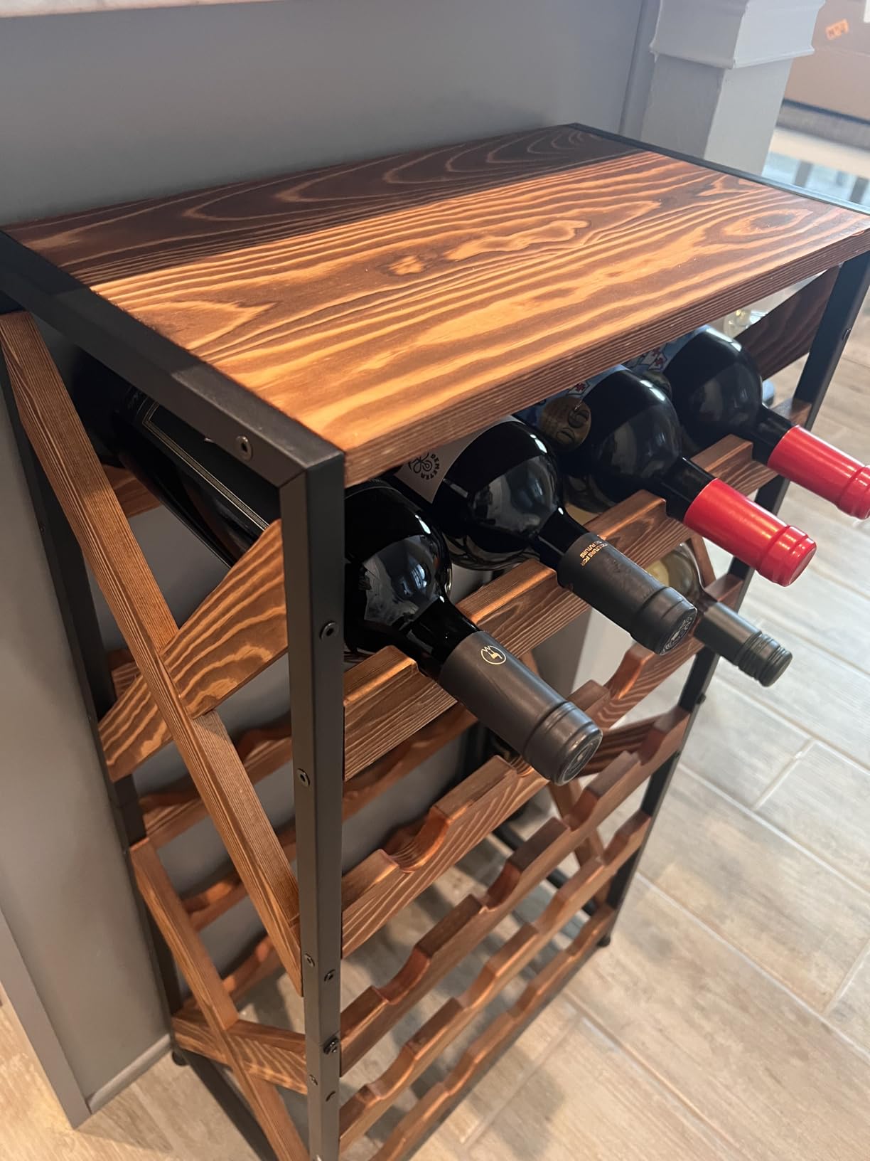 20 Bottle Wine Rack Freestanding Floor with Wood Top,Wobble-Free 5 Tier Wine Display Storage Stand Shelf,Stackable Modular Wine Bottle Holder Rack for Kitchen,Cellar,Living Room customer photo 1
