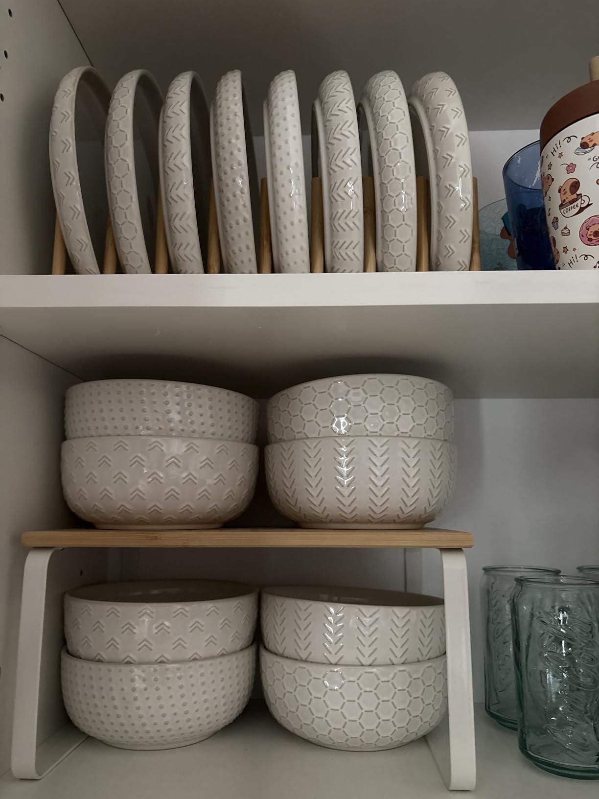Stoneware Dinnerware Sets Service for 4, 12 pcs Reactive Glaze Plates and Bowls Sets, Embossed Boho Ceramic Dish Set, Highly Chip and Crack Resistant Farmhouse Plate Set, Ivory White customer photo 2