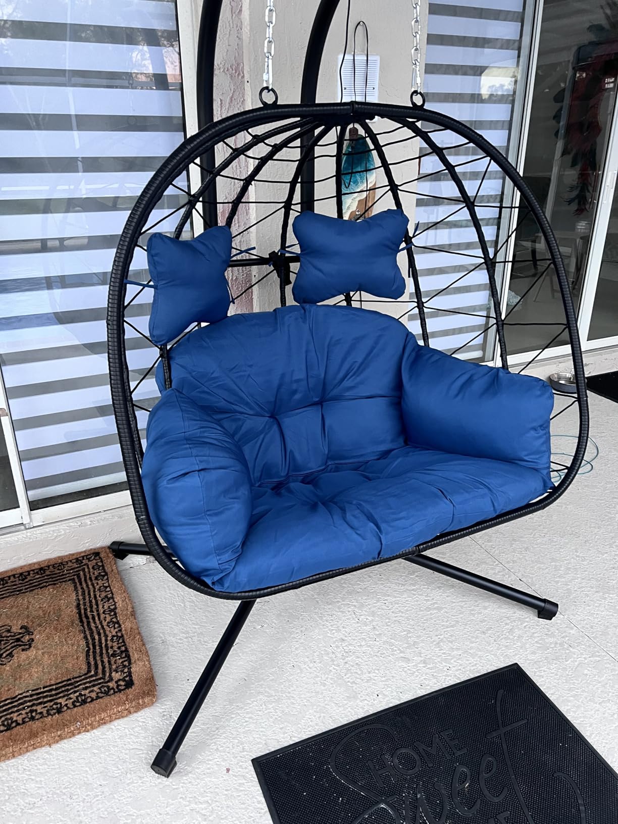Double Egg Chair with Stand Hammock Swing Chair Foldable Hanging Loveseat, UV Resistant Removable Cushions, 700LBS Capacity for Bedroom, Balcony, Garden(BK-GR) customer photo 1