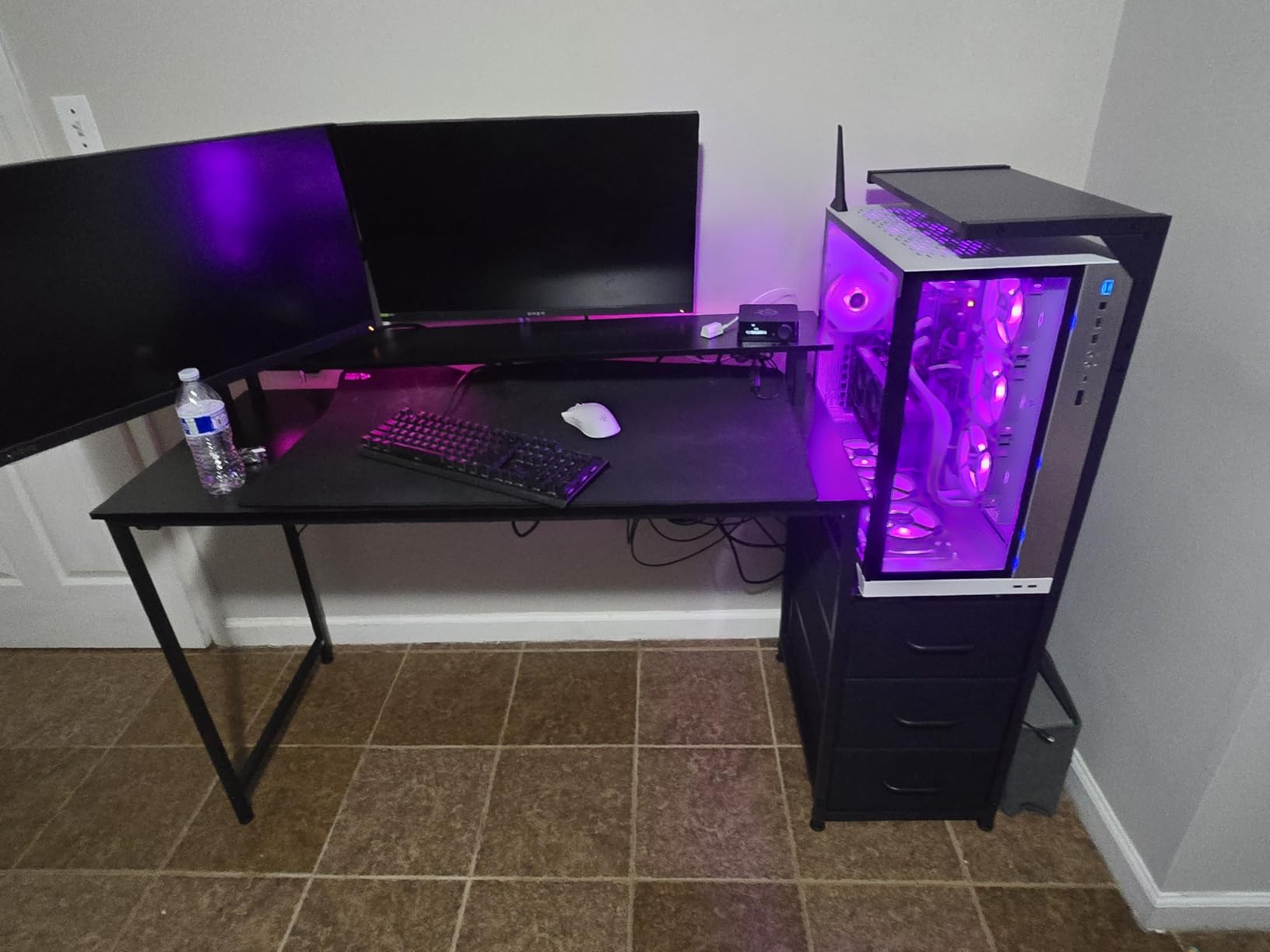 AODK 59 Inch Gaming Desk with USB Charging Ports & LED Light- Reversible Computer Desk with Storage Shelves & Monitor Stand, Modern Gamer Desk Table with Fabric Drawers & Side Hook, Carbon Fiber Black customer photo 1