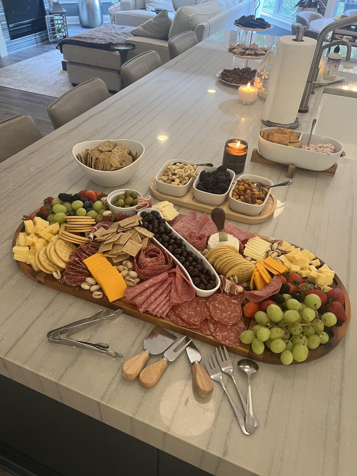Extra Large Charcuterie Boards, 30'' x 13'' Acacia Cheese Board 3 Part Magnetic Long & Round Boards with Knive Set, Wine Opener & Cheese Marker, Unique Serving Tray for Birthday, Wedding Gift customer photo 1