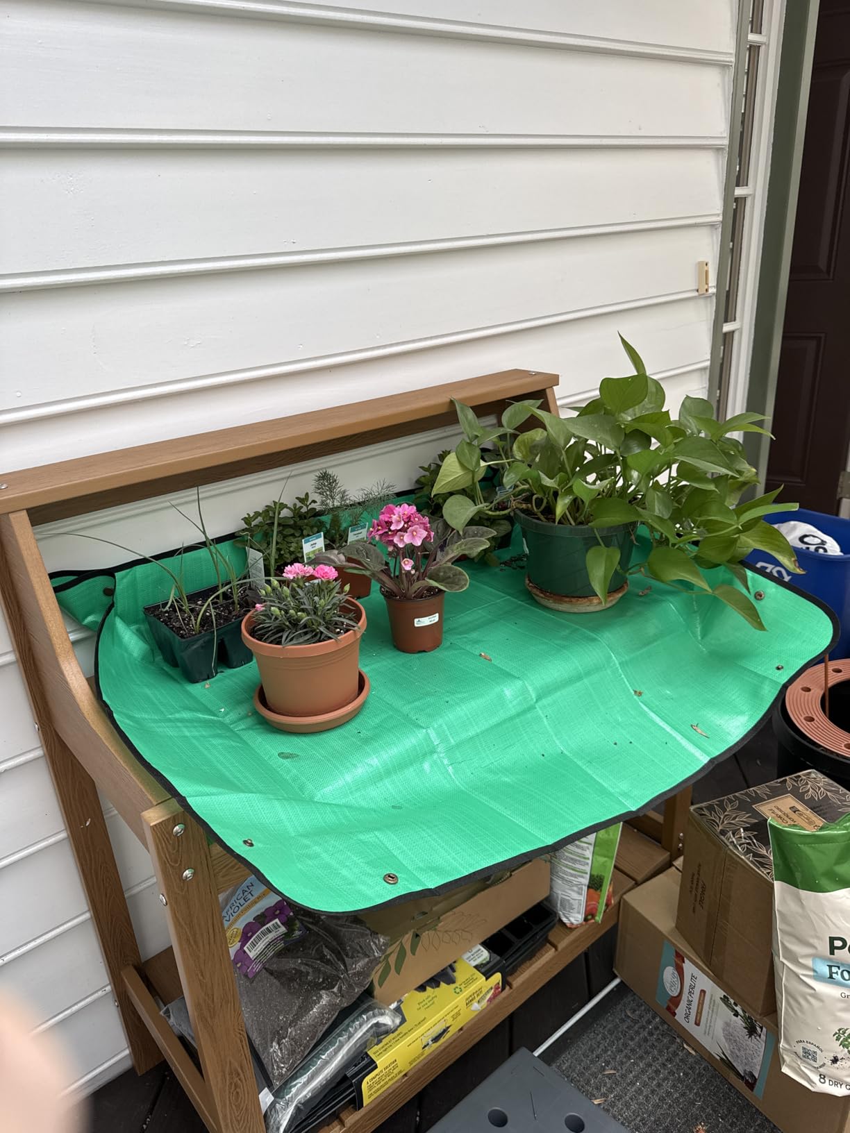 ONBRILL Potting Bench Table, HDPS Potting Bench with 4 Side Hooks, All-Weather Garden Table Work Station, Outdoor Potting Table for Porch, No Rust, No Fade, No Break, 360lbs Capacity (Teak, Large) customer photo 2
