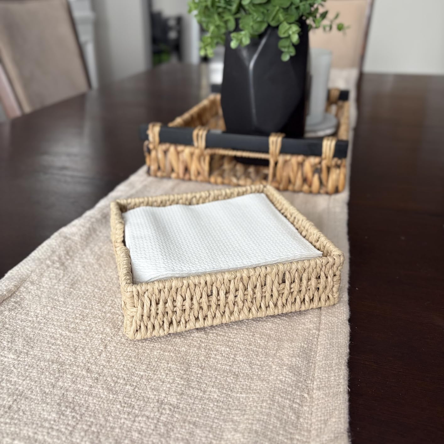 Napkin Holder for Table, Woven Paper Rope Napkin Holders For Paper Napkins, Wicker Napkin Holders for Kitchen Dinner Table Boho Decor and Accessories, Square Napkin Basket and Serving Tray customer photo 2