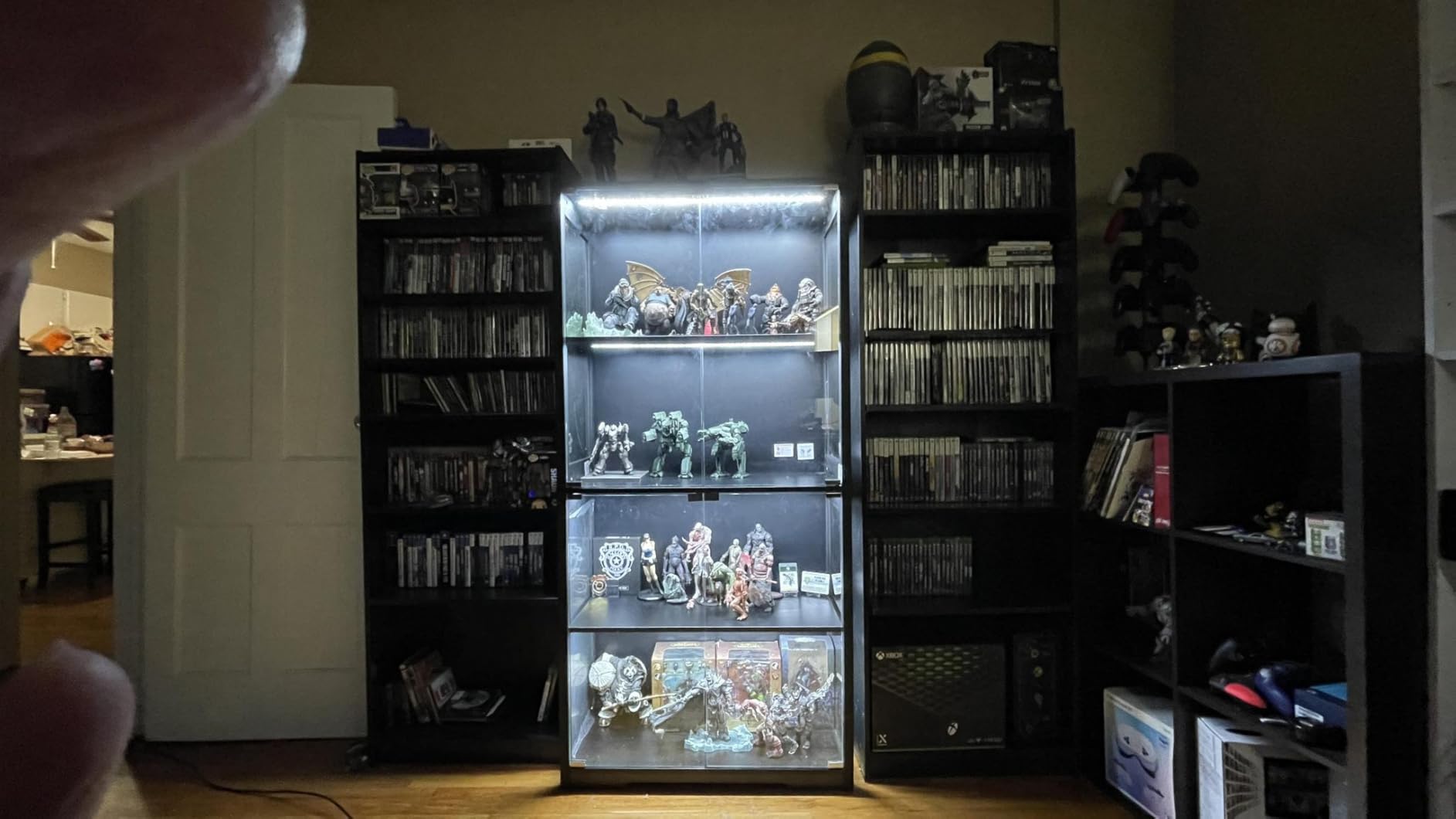 Display Cabinet with Glass Doors, 4-Tier Curio Cabinet with 3 Color Lights for Collectibles, Glass Display Case with Human Body Sensor, Bookcase with 4 Shelves, Storage Cabinets, Black customer photo 2