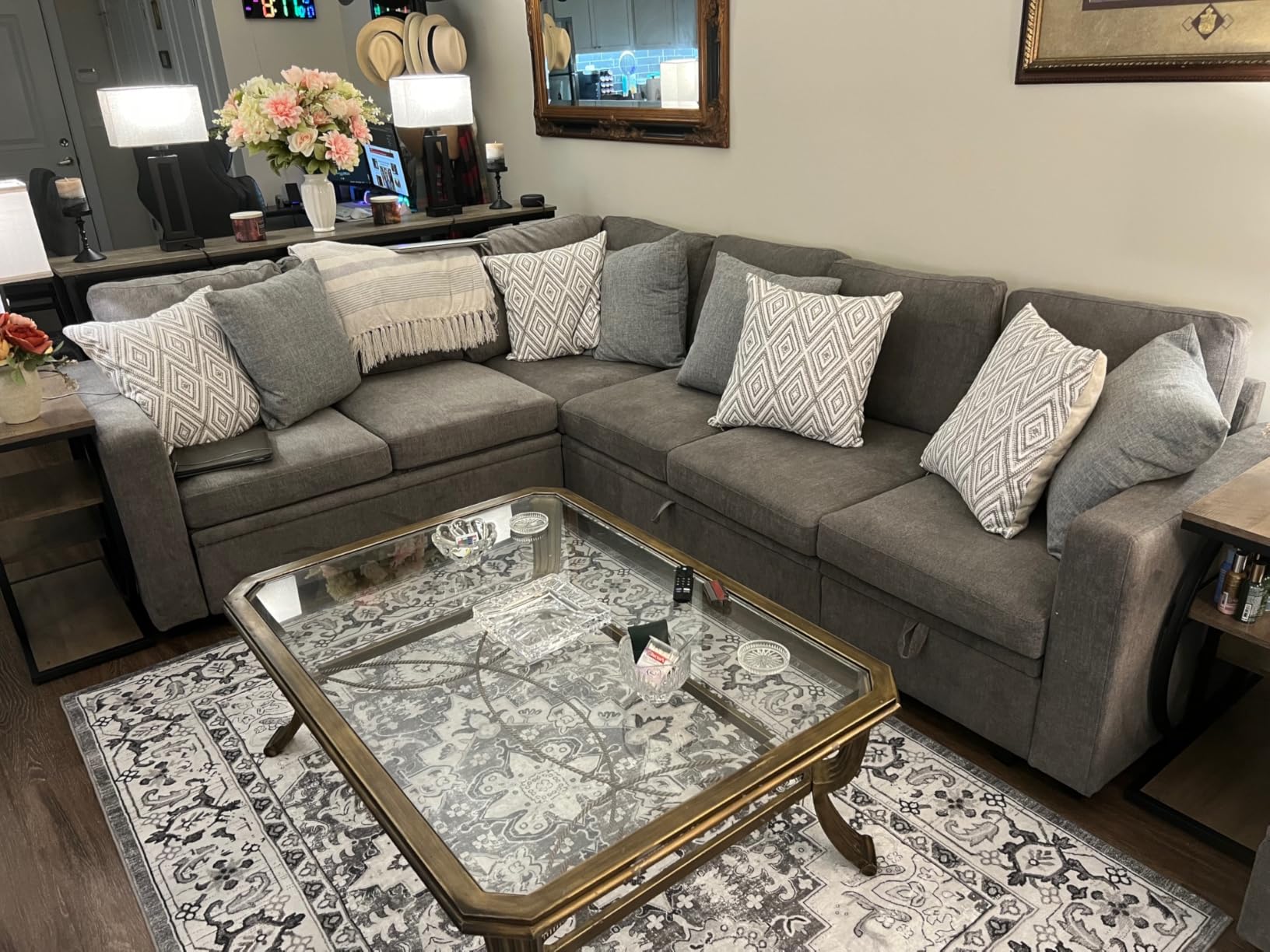 HONBAY Sectional Sleeper Sofa with Pull Out Bed, Corduroy L Shaped Couch with Storage, Modular Sectional Couches for Living Room, Green customer photo 1