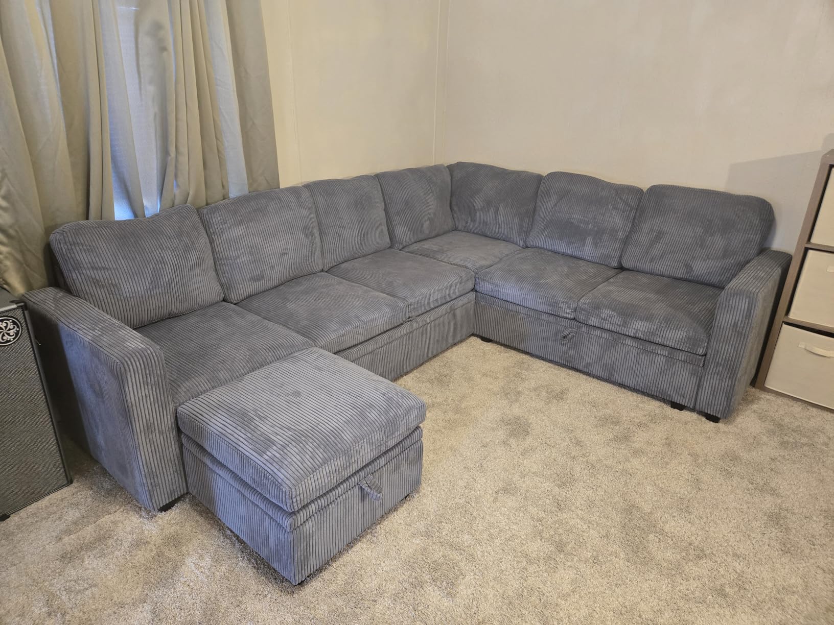 HONBAY Sectional Sleeper Sofa with Pull Out Bed, Corduroy L Shaped Couch with Storage, Modular Sectional Couches for Living Room, Green customer photo 2