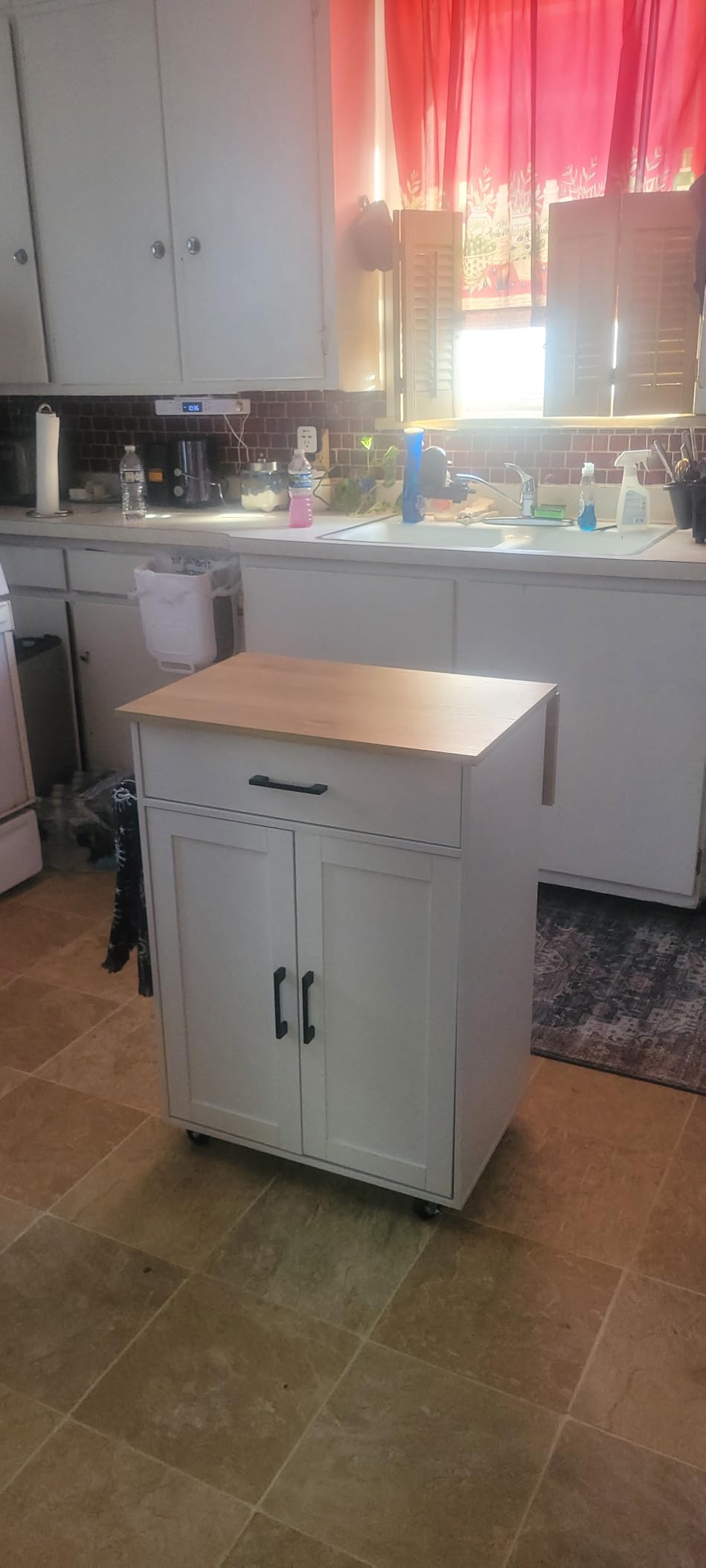 Kitchen Island on Wheels with Drop Leaf, Folding Countertop Kitchen Island Cart, Kitchen Island Table with Towel Rack, Drawer, for Kitchen, Dining Room, White and Natural KINW12501 customer photo 2