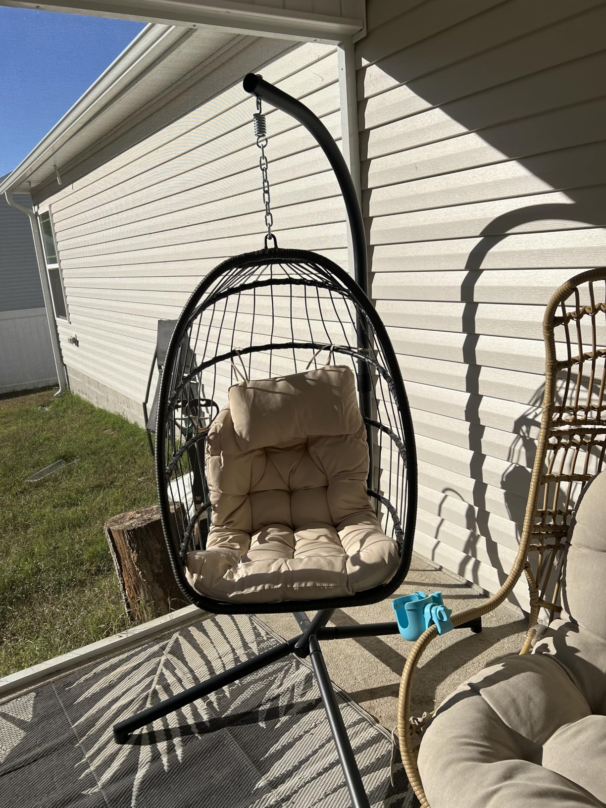 SWITTE Egg Chair Outdoor with Stand, Indoor Wicker Hanging Egg Swing Chair with Cushion, 350lbs Capacity for Patio, Bedroom, Garden - Dark Grey customer photo 2