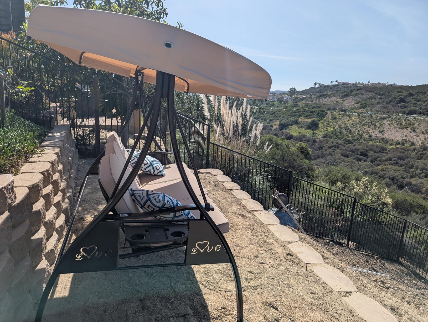 3 Seat Outdoor Porch Patio Swing with Stand 800lbs 2-in-1 Convertible Swing Bed with Adjustable Canopy & Removable Cushion for Yard Garden Deck (Blue, Square Tube) customer photo 1