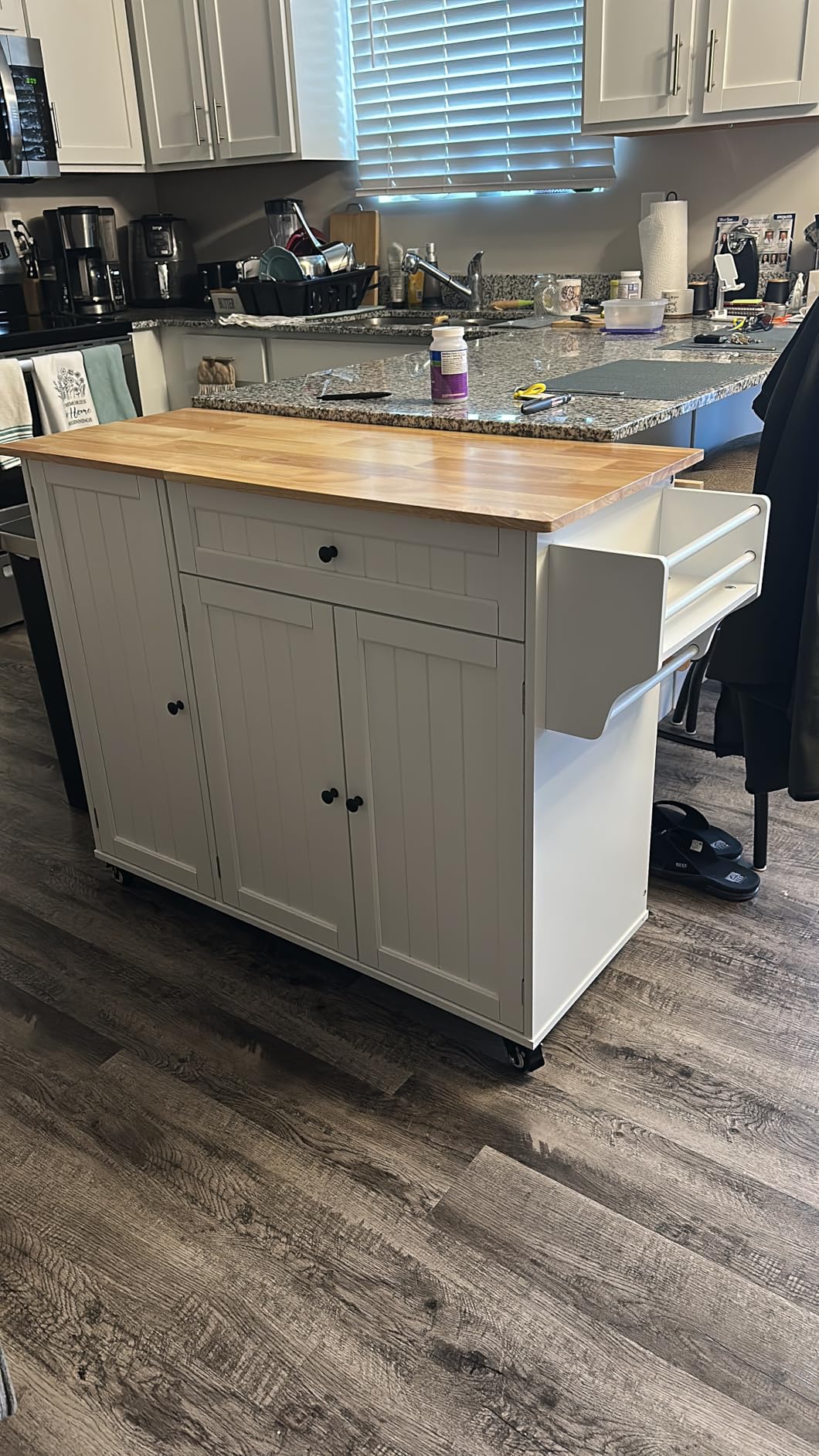 Ahomly Kitchen Island with Storage, Island Table for Kitchen with Drop Leaf, 5 Wheels, Internal Storage Rack, a Drawer, Spice Rack and Towel Bar, Sufficient Countertop Space and Storage, White customer photo 1