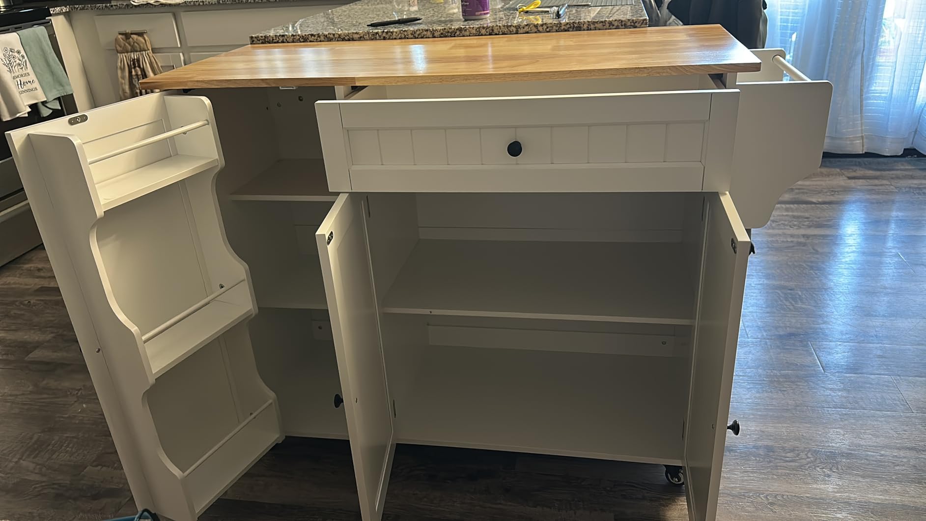Ahomly Kitchen Island with Storage, Island Table for Kitchen with Drop Leaf, 5 Wheels, Internal Storage Rack, a Drawer, Spice Rack and Towel Bar, Sufficient Countertop Space and Storage, White customer photo 2