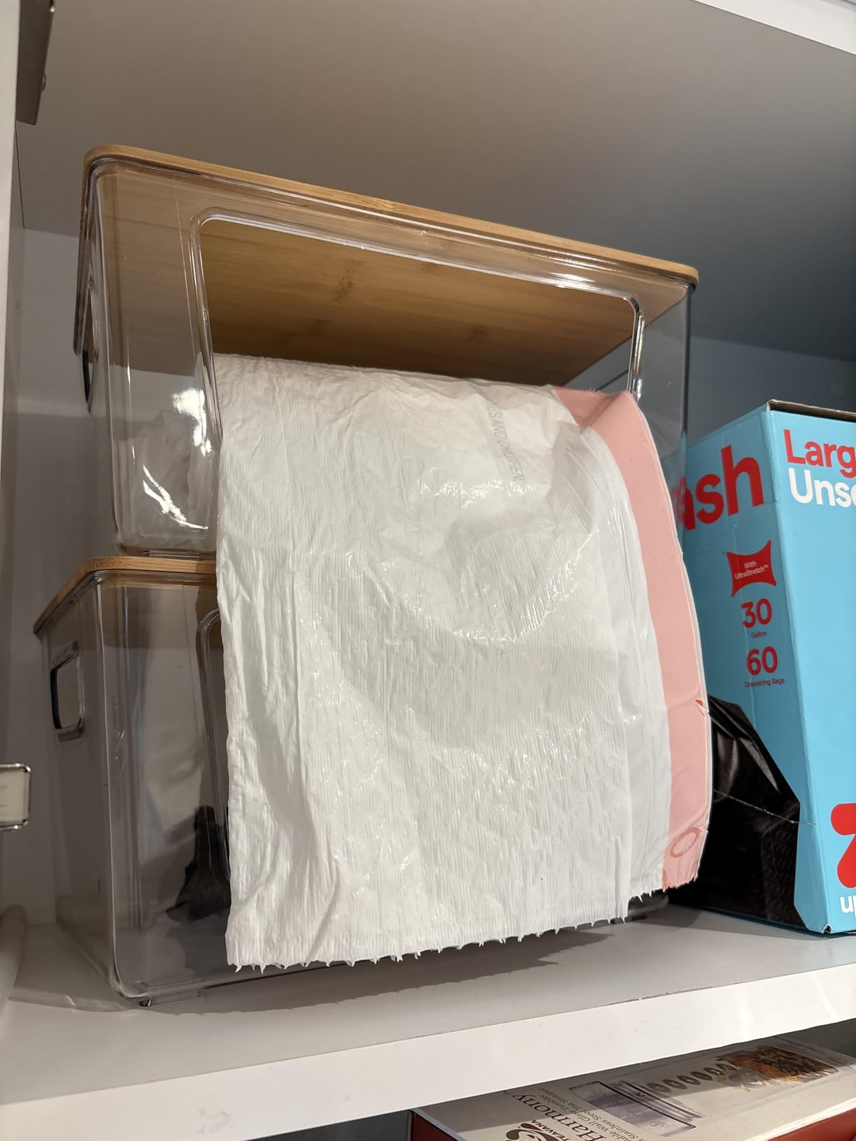 2 Pack Trash Bag Holder with Bamboo Lid, Stackable Trashbag Dispenser, Extra Large Garbage Bag Holder for Kitchen Laundry Room Under Sink Organization and Storage customer photo 2