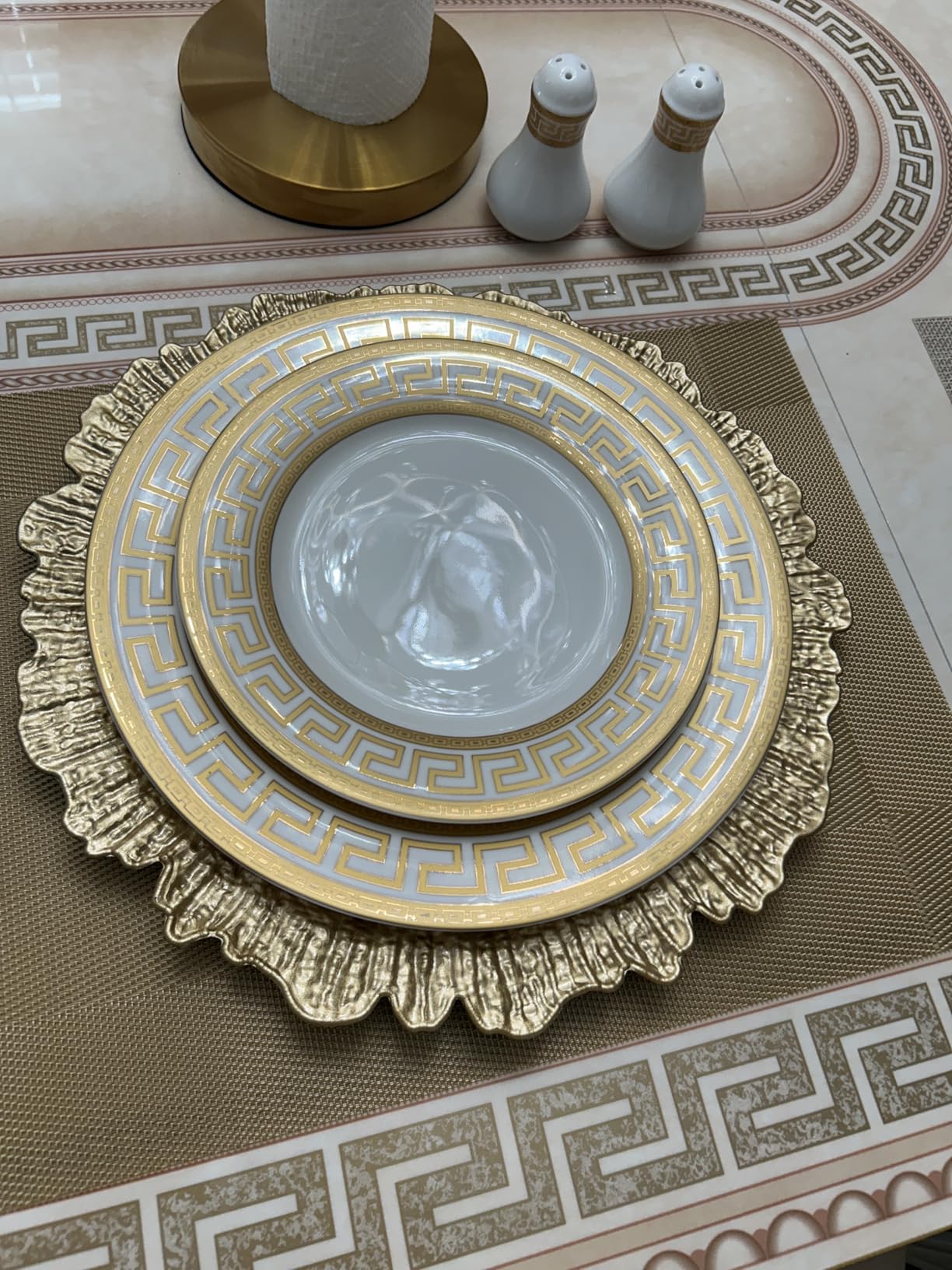 Joseph Sedgh Collection 57-Piece Bone China Dinnerware Set, Service for 8, White and Golden Greek Key customer photo 2
