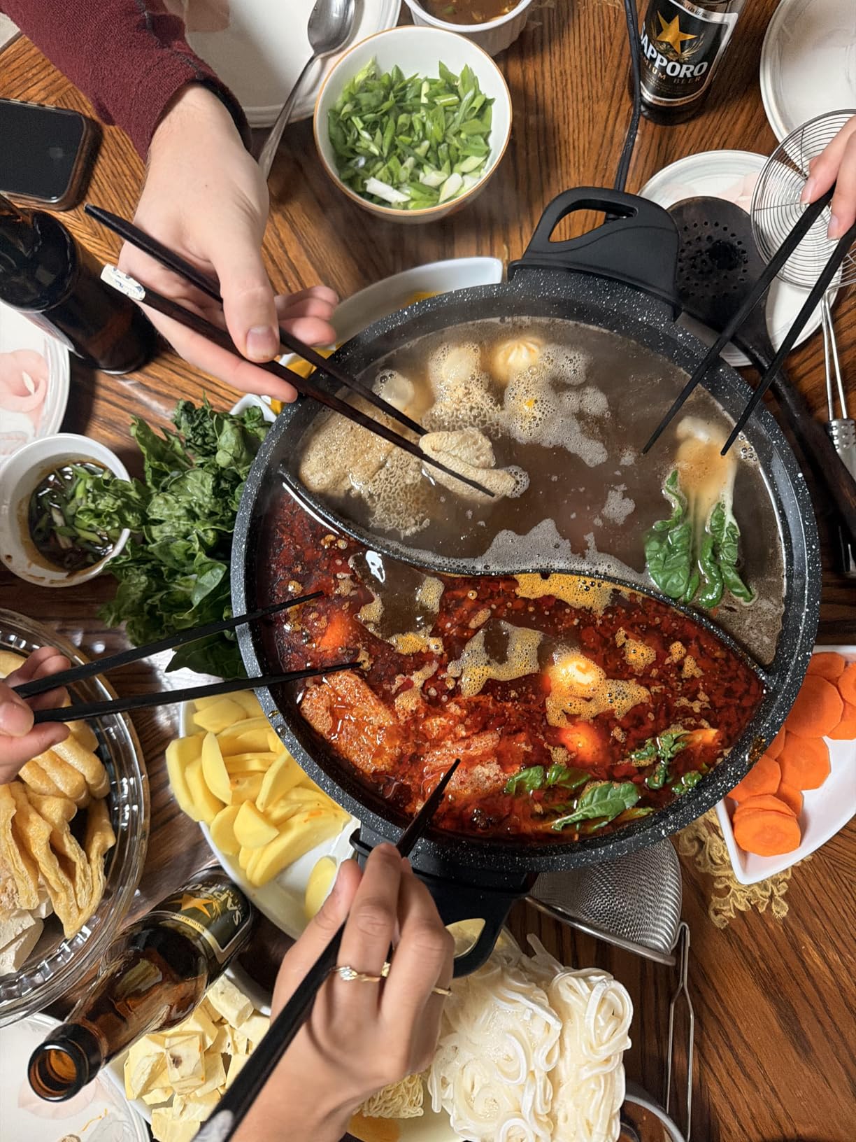 TWIN Electric Hot Pot with Divider | EvenHeat Cast Aluminum Non-Stick Pot for No-Spot Cooking | 1500W Fast Heating | Dual-Flavor Shabu Shabu Pot for | 1-Yr Warranty | Granite Black customer photo 1