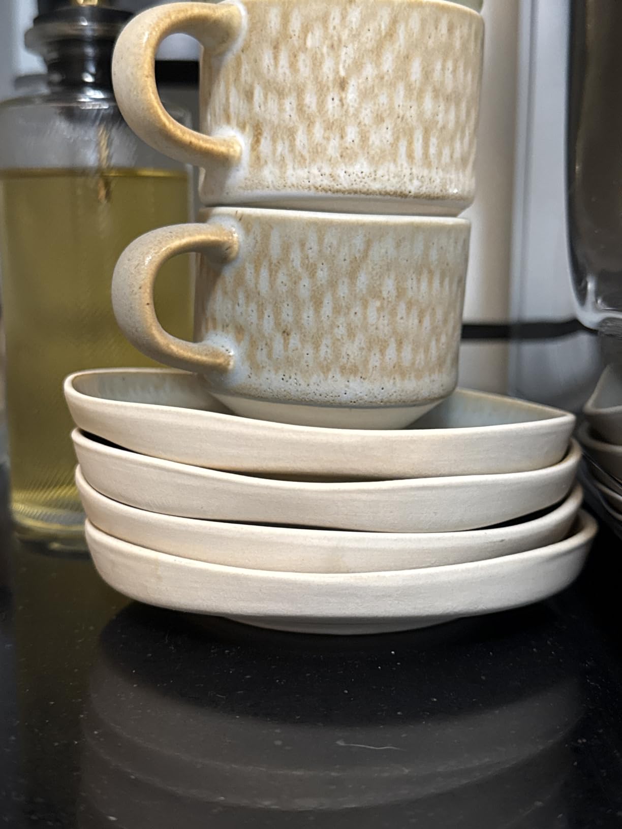 KooK Espresso Mug and Saucer Set, Ceramic Cups and Plates with Rustic Organic Shape and Feathered Texture, Dishwasher and Microwave Safe, 2.7 oz, Set of 4, Neutral Multicolor (2.7 Oz) customer photo 1