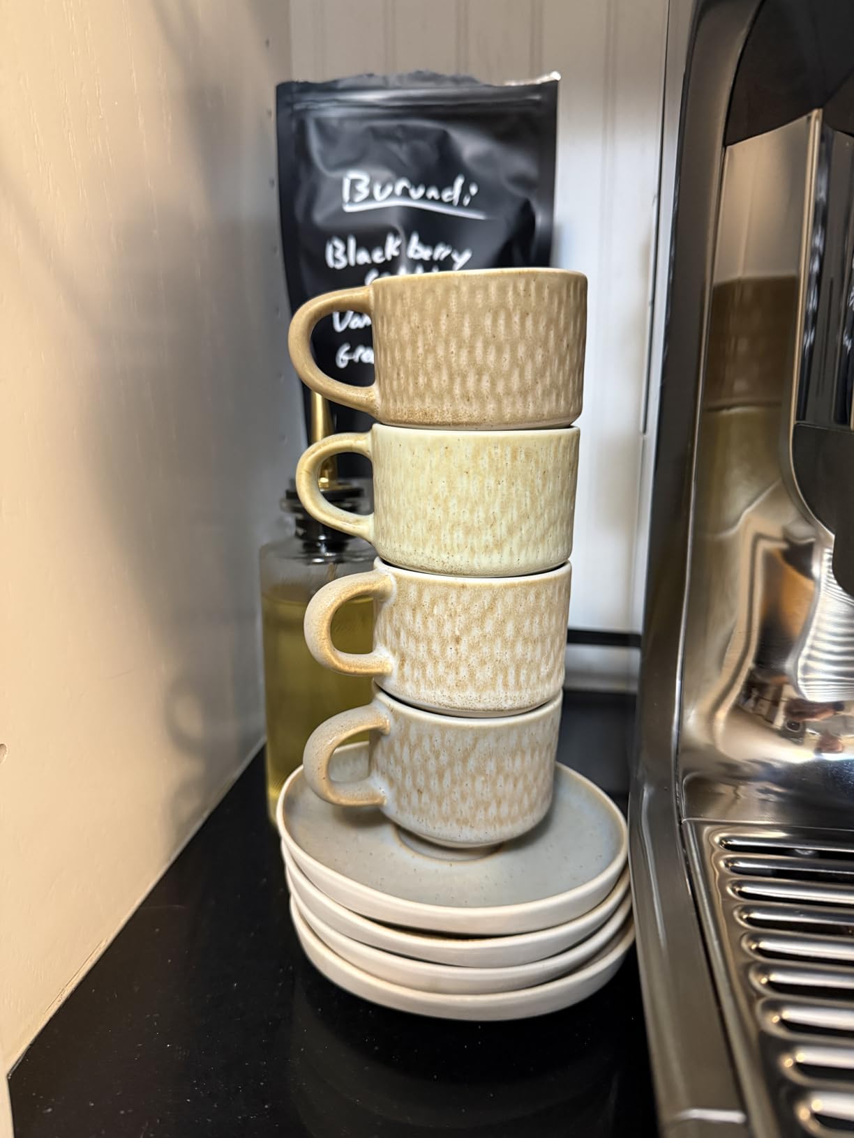 KooK Espresso Mug and Saucer Set, Ceramic Cups and Plates with Rustic Organic Shape and Feathered Texture, Dishwasher and Microwave Safe, 2.7 oz, Set of 4, Neutral Multicolor (2.7 Oz) customer photo 2