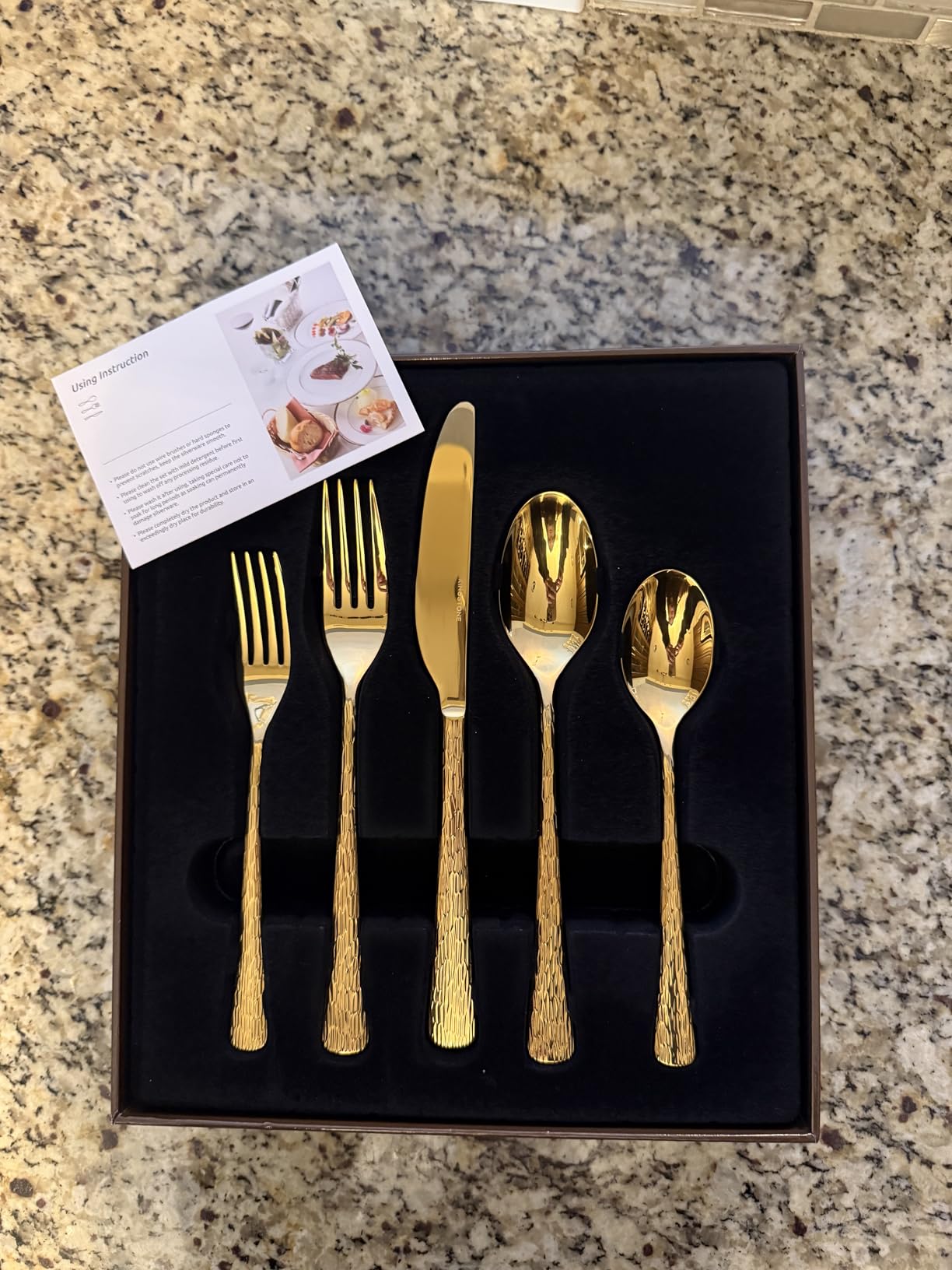 KINGSTONE Gold Hammered Silverware Set, Flatware Set with Serving Utensils, 18/10 Stainless Steel Premium Cutlery with Unique Ripple Handles Design Mirror Polished - Dishwasher Safe (65-Piece) customer photo 2
