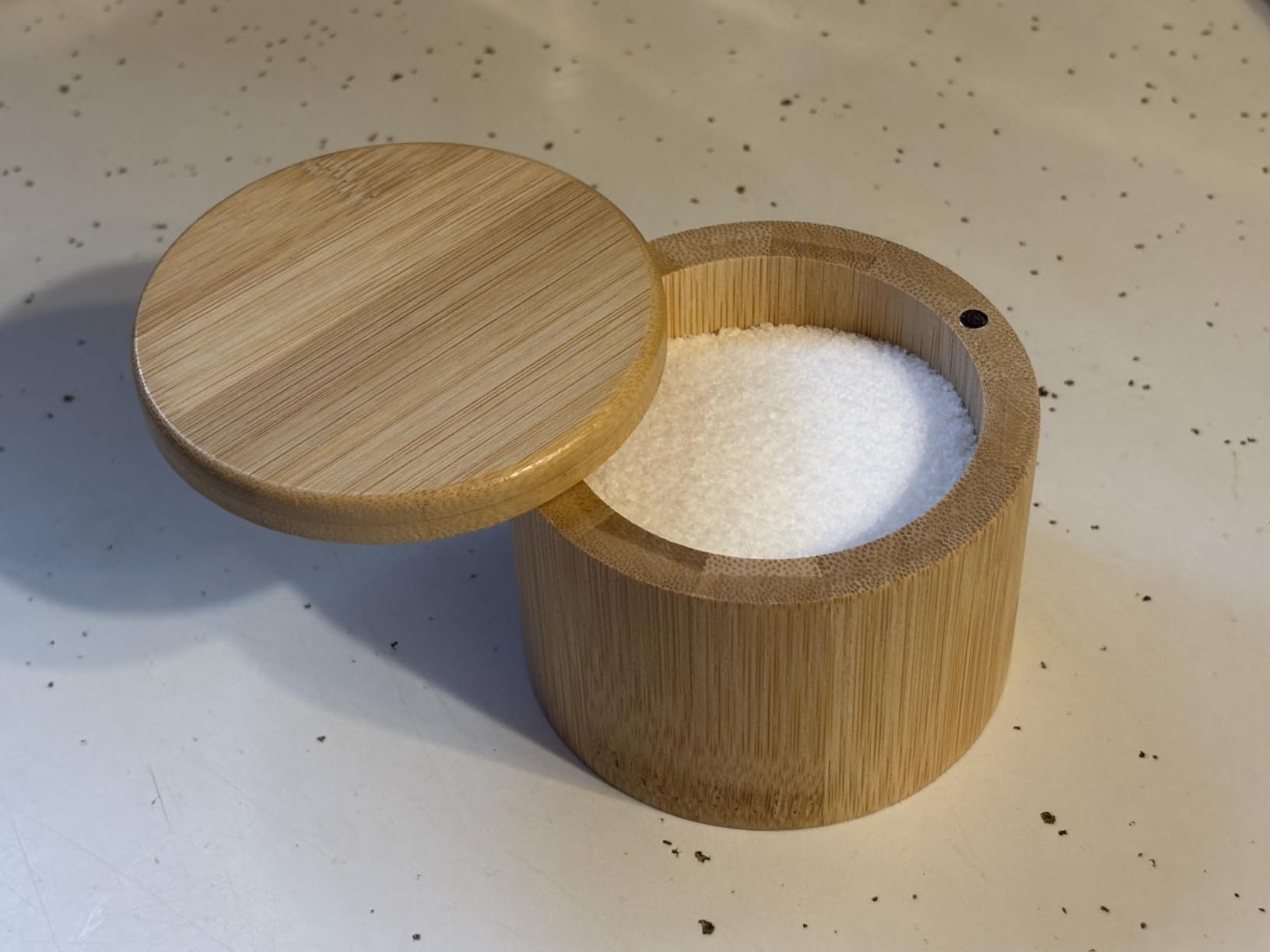 Salt Cellar, Bamboo Salt Container with Lid, Solid Salt Box Holder with 360° Swivel Lid for Countertop to Store Pepper Spice, Elegant Flaky Salt Containers Bowl on Your Kitchen, 6OZ customer photo 2