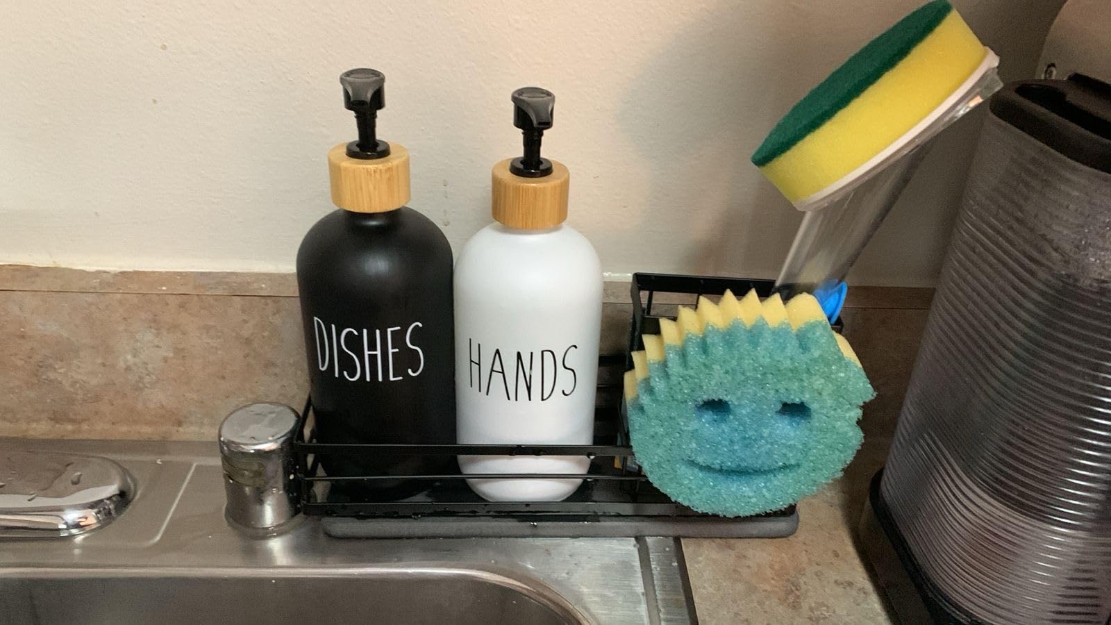 Moforoco Kitchen Dish Soap Dispenser Set, 16OZ Glass Bottle, Hand and Dish Soap Dispenser Set, Instant Dry Tray, Non-Slip Silicone Pad, Brush Holder with Smiley Face Sponge Holder, Kitchen Decor customer photo 2