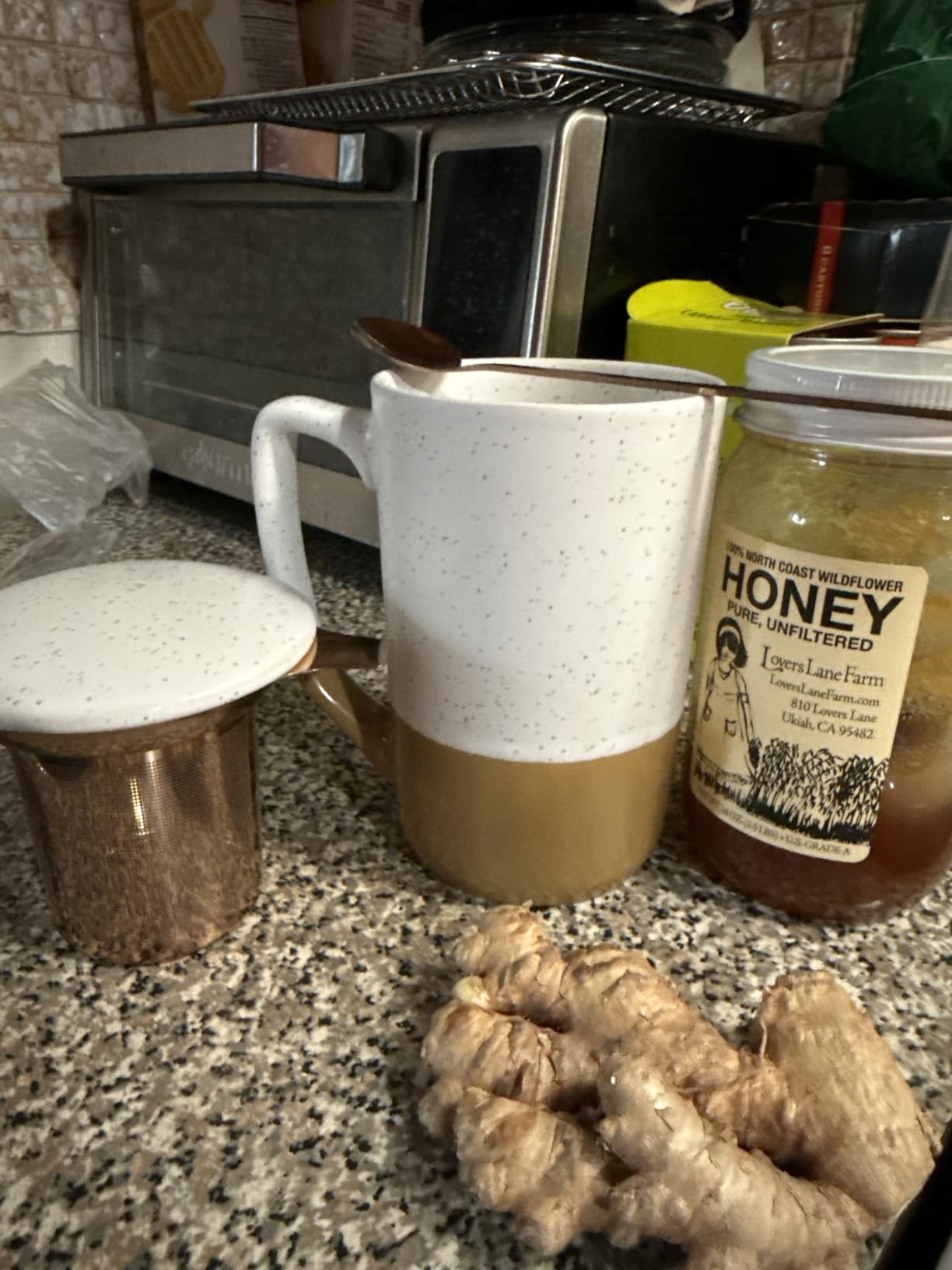 Ceramics Large Tea Cup with Loose Leaf Infuser, Spoon and Lid, 16 oz Tall Coffee Mug, Microwave and Dishwasher Safe, Rustic Matte Ceramic Glaze, Tea Strainer, Amber customer photo 1